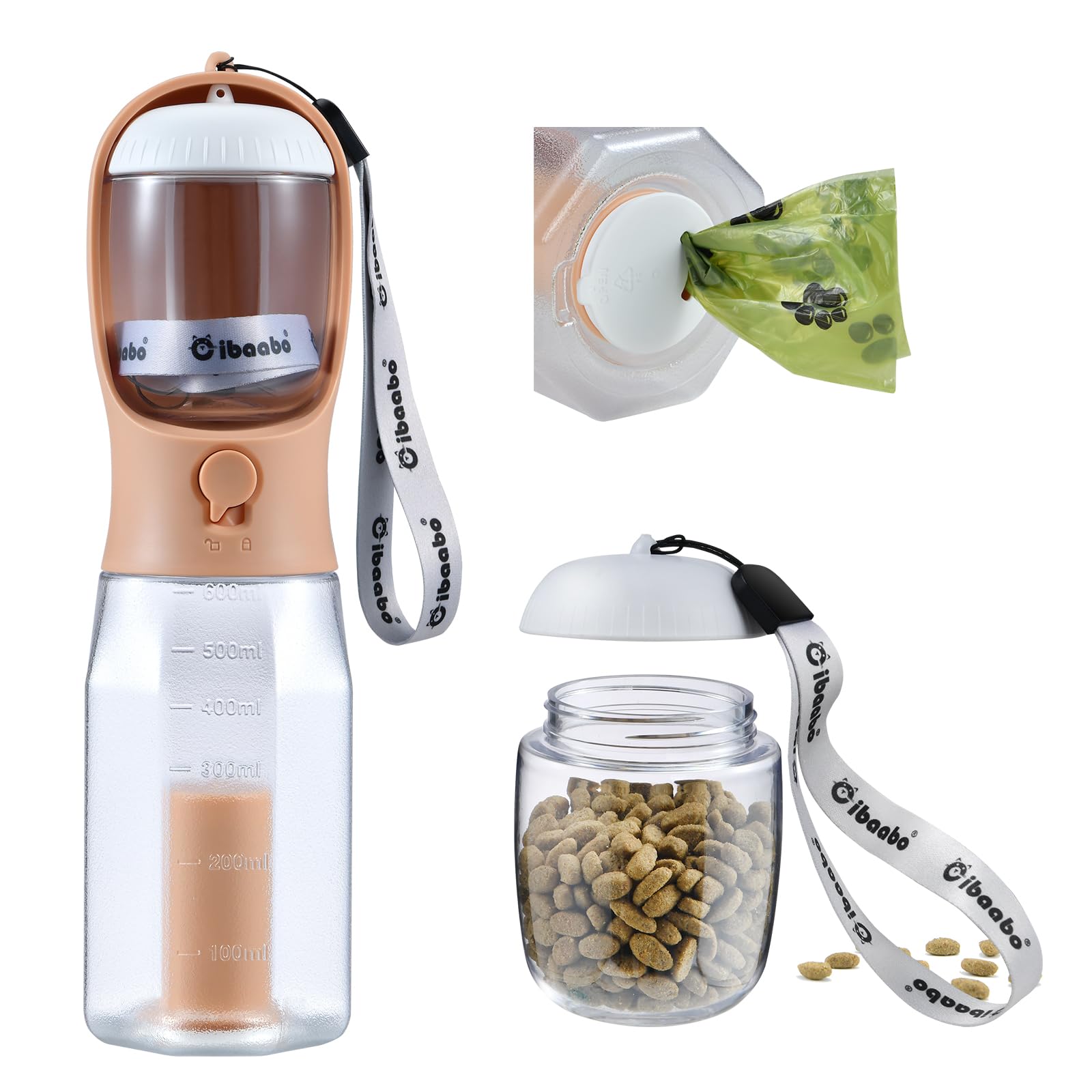 Cibaabo Dog Water Bottle with Food Container & Poop Bag Holder, Travel Water Bowl, Portable Pet Dispenser, Dog Stuff Accessories