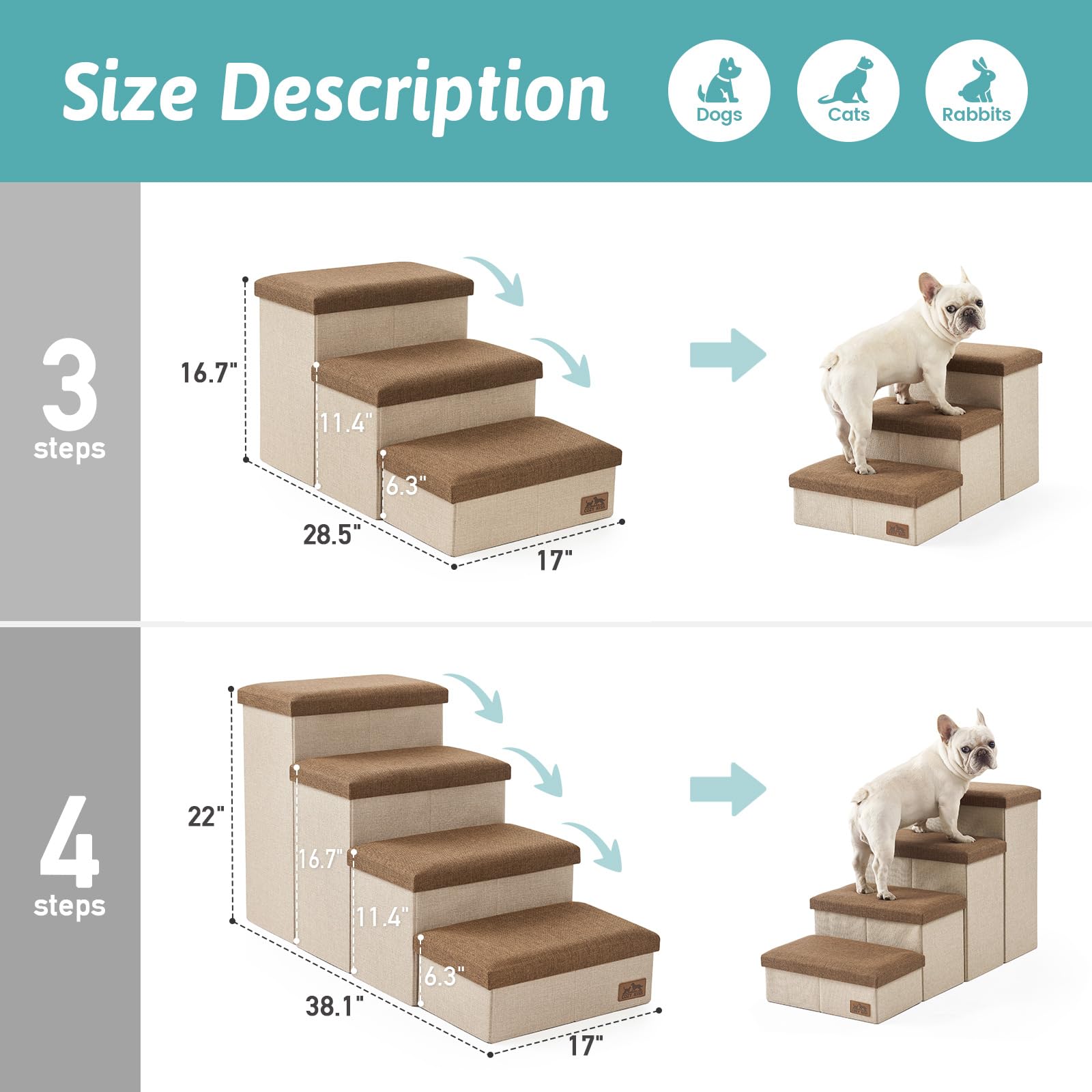 Dog Stairs with Storage, 4-Step Wider Sturdy Dog Steps for Small/Medium/Large Dogs and Older Cats, Folding Doggie Ramp for Bed/C