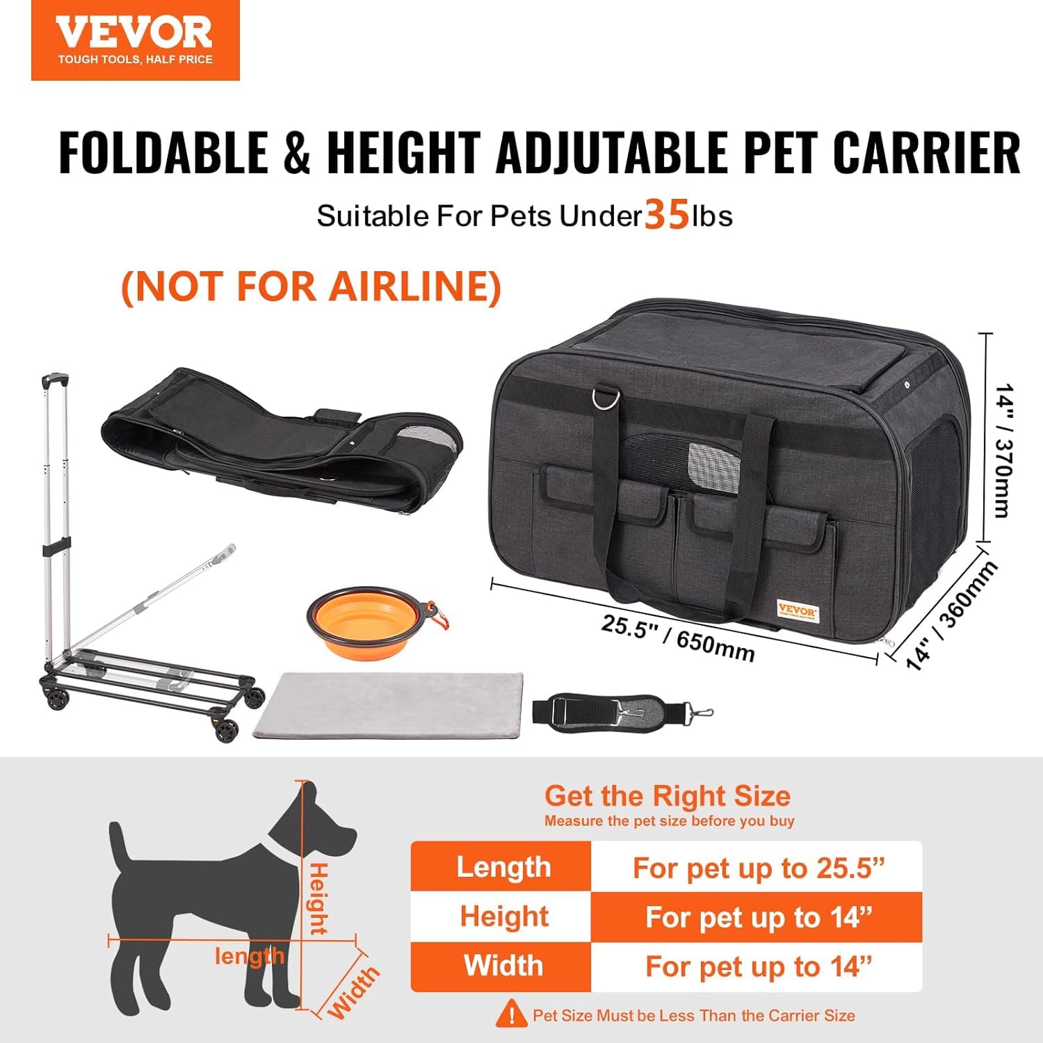 VEVOR Large Cat Dog Carrier with Wheels for Under 35lbs, Rolling Pet Carrier with Upgraded Wheels, Foldable Wheeled Dog Travel C