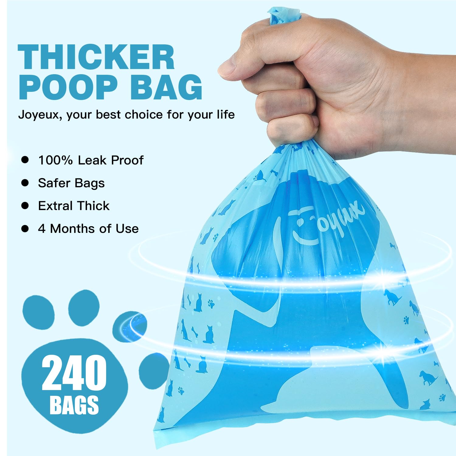 Joyeux 240 Count Ocean Scent Dog Poop Bags Rolls,With Dispenser,Leak-Proof Large Doggie,Extra Thick Poop Bag For Dogs,Cats Litte