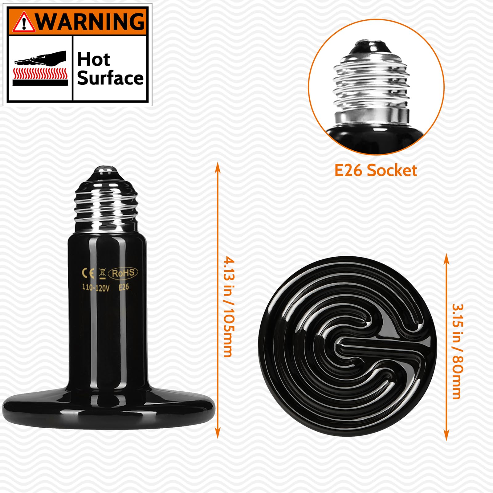 Hartompet 100W Ceramic Heat Emitter - Black Reptile Heat Bulb - No Light Infrared Reptile Heat Lamp For Lizards, Dogs, Cats - Id