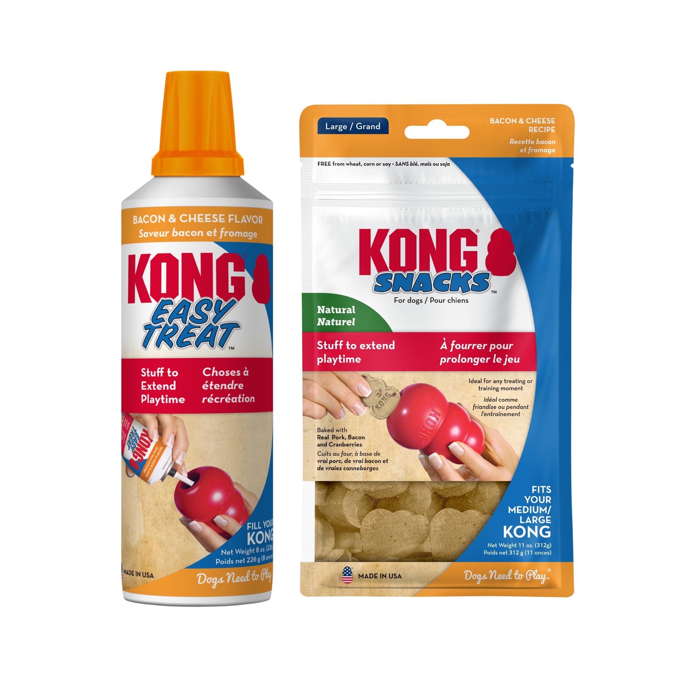 KONG Dog Treats Combo Pack - Includes Bacon/Cheese Snacks & Easy Treat Bacon/Cheese Spray - Toy Filler - for Training, Playtime 