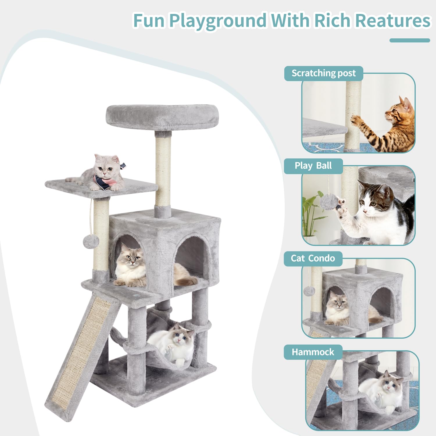 Miao Paw Grey Cute Cat Tree For Indoor Cat Tower With Scratching Post Modern Activity House Hammock Hanging Ball Condo With Boar