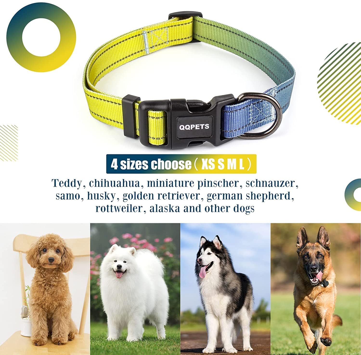 Roses&Poetry Dog Collar For Large Dogs With Gradient Amber, Yellow Reflective Dog Collar Adjustable Large Pet Collars For Small