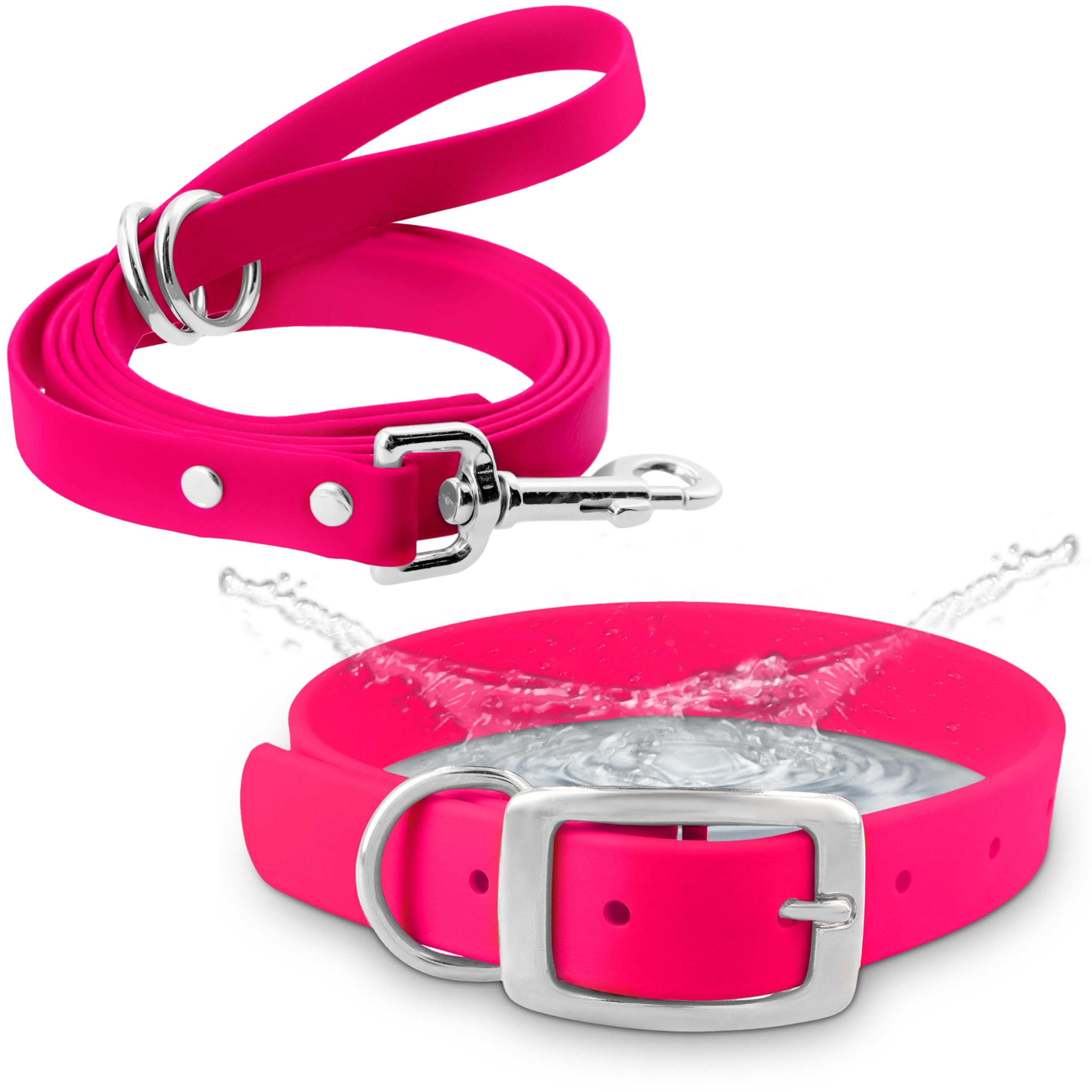 Regal Dog Products Small Pink Waterproof Dog Collar and Leash Set | Heavy Duty Double Buckle & D Ring - 5'ft Leash | Adjustable 