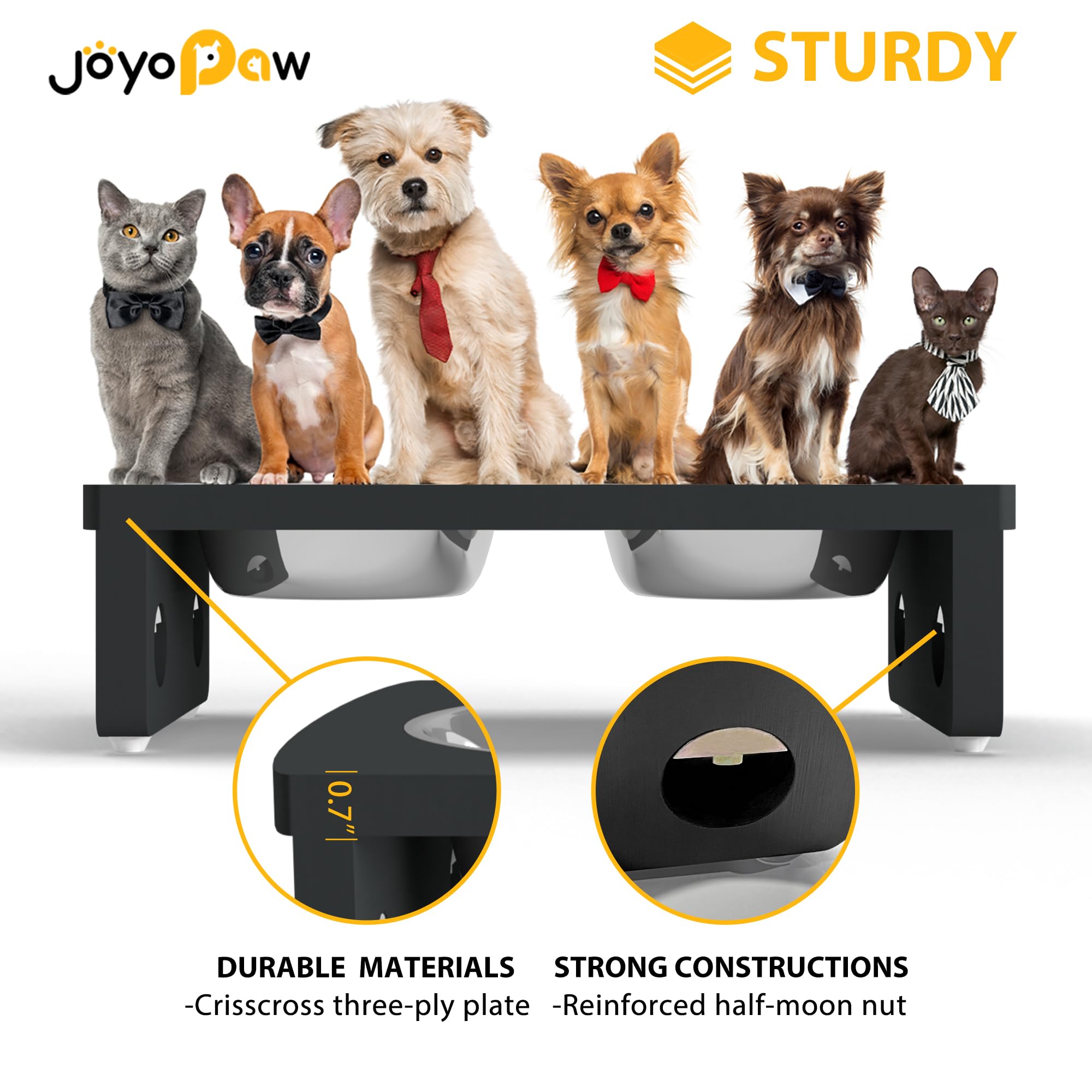 Elevated Dog Bowls, Bamboo Raised Dog Bowl for Small Dogs & Cats, with 2 Stainless Steel Bowls (4   Tall-20oz Bowl, Black)