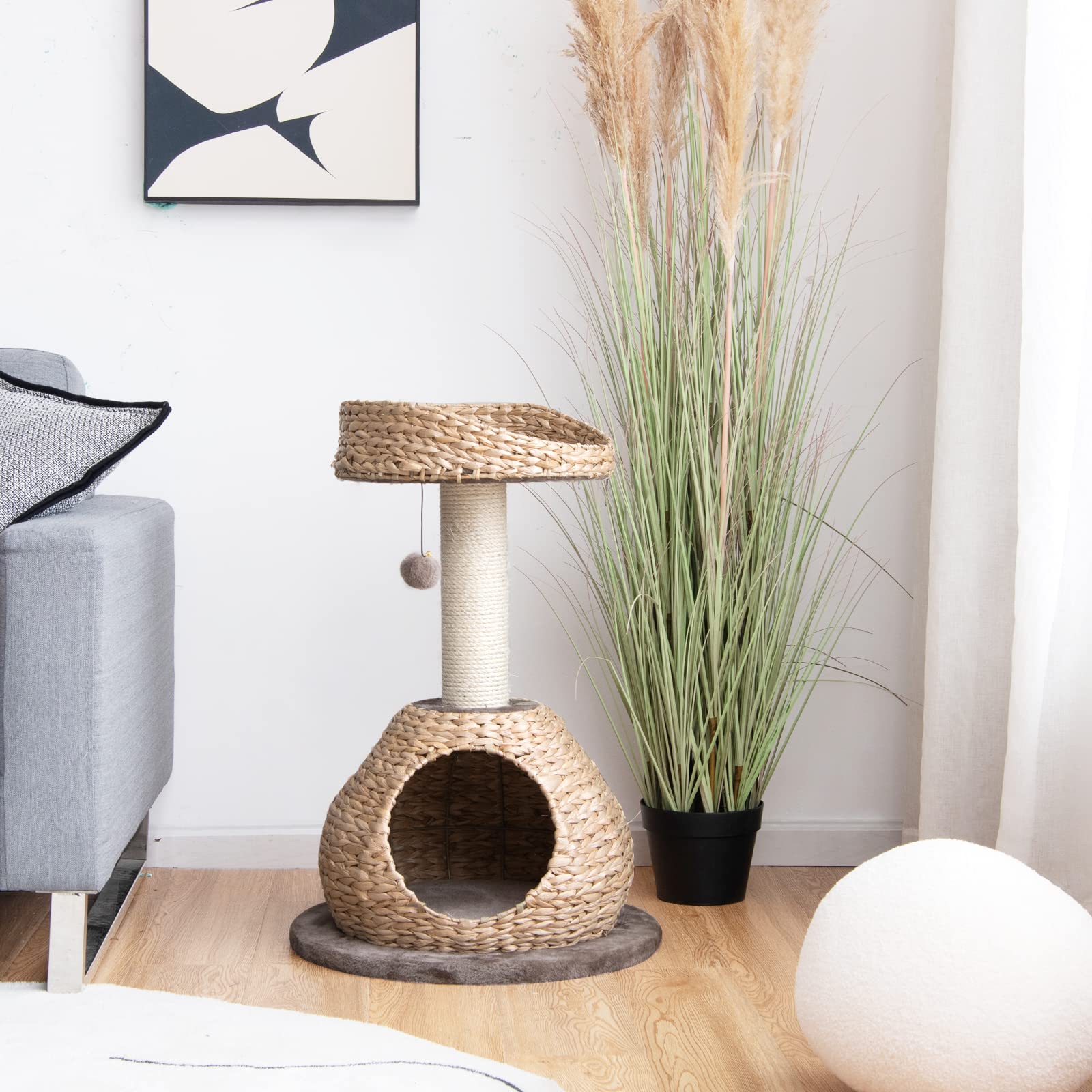 Tangkula Modern Cat Tree For Indoor Cats, Small/Tall Cat Tree With Natural Sisal Scratching Post, Hand-Made Wicker Cat Condo & Top Perch, Funny Hanging Toy Ball, Cute Cat Tree Tower For Large Cats