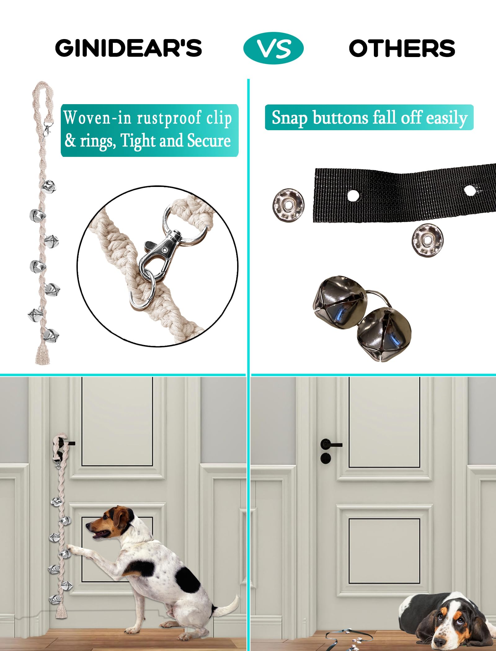Ginidear Dog Doorbells For Potty Training, Handmade Hanging Dog Bell For Door Knob For Puppies To Ring To Go Outside, Macrame Dog Doorbell Gift. Lightgrey