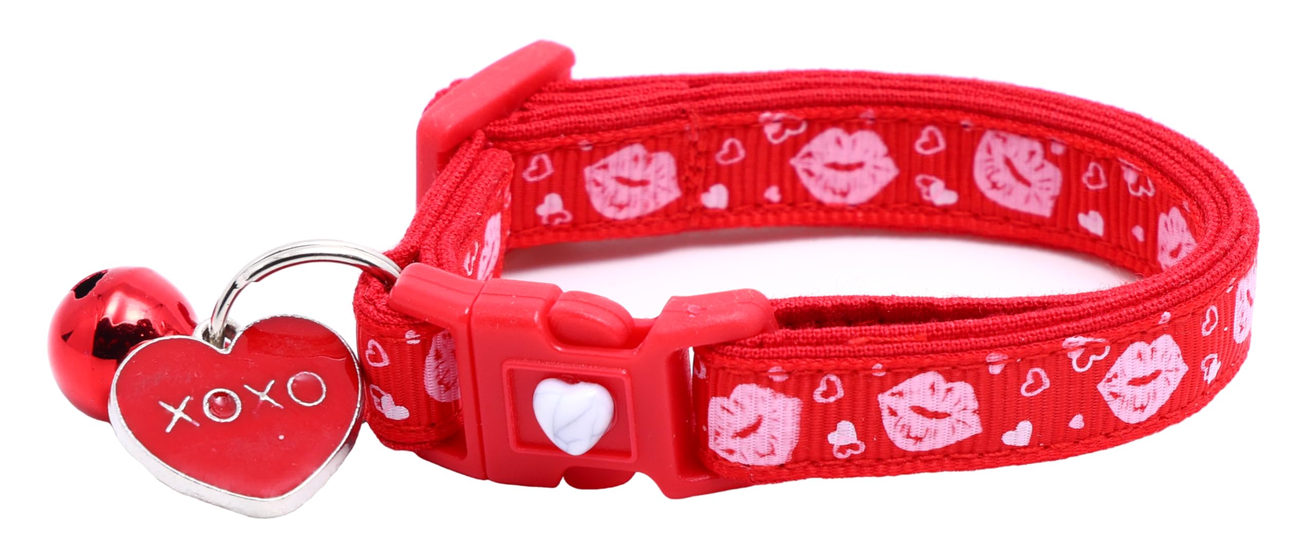 Valentines Day Cat Collar With Bell | Safety Breakaway Collar | Adjustable Large Size Or Kitten Collar (Smooches, Small(10Lbs & 