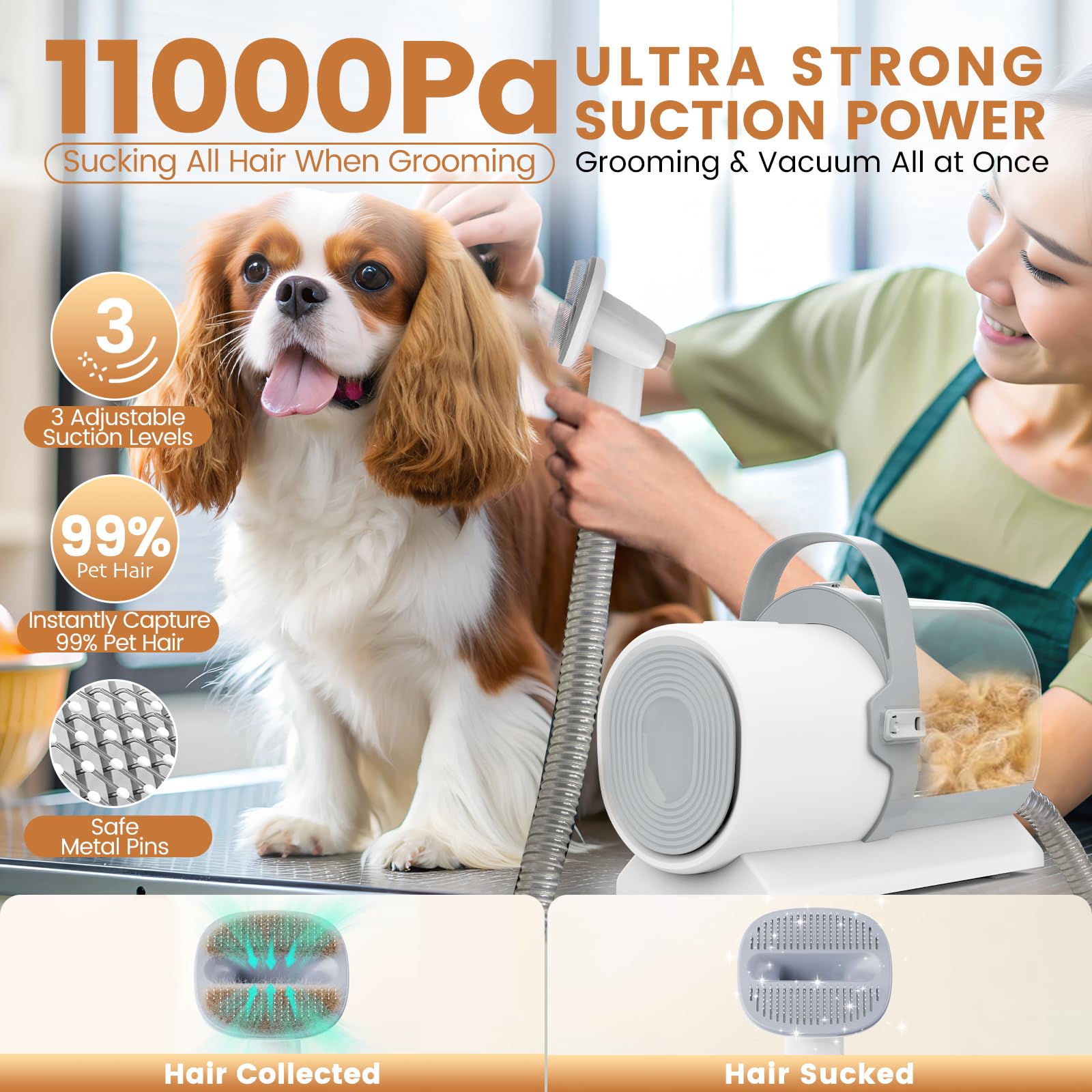Dog Grooming Vacuum, Pet Grooming Kit, Dog Clipper Nail Trimmer Grinder, 2.5L Dust Cup 7 Grooming Tools 11000Pa Dog Vacuum For S