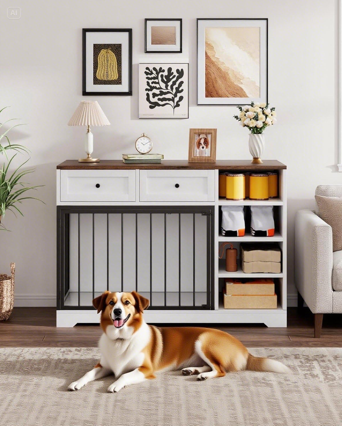 Garvee 47 in Dog Crate Furniture with 2 Storage Drawers, 4 Deep Shelves, Farmhouse Extra Large Wooden Dogs Cage End Table, Multi