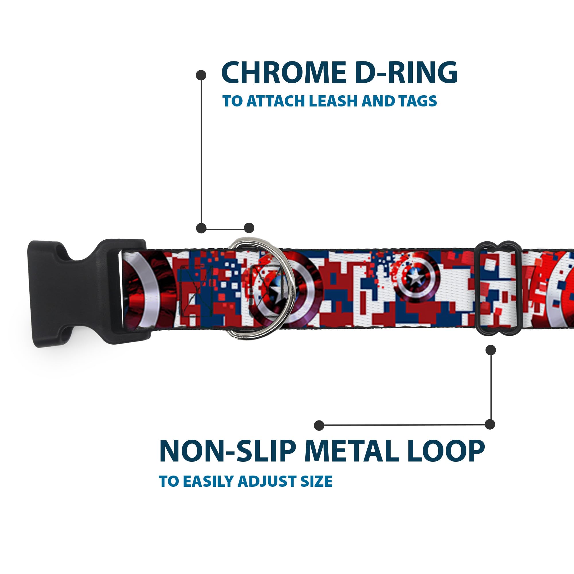 Buckle-Down Dog Collar Plastic Clip Captain America Shield Digital Camo Blue White Red Multicolor, 1 Wide - Fits 11-17 N