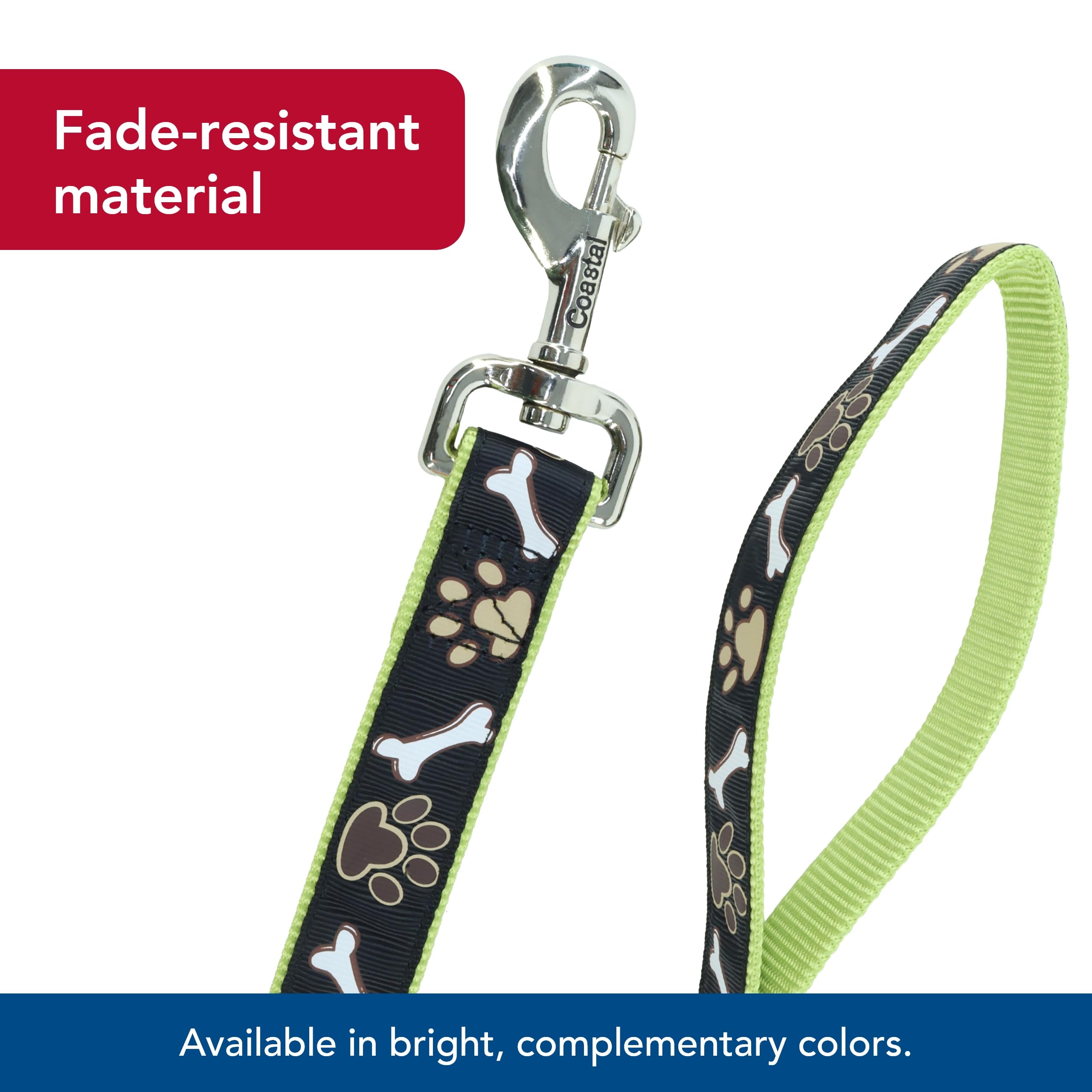 Coastal - Ribbon - Dog Leash, Brown Paws And Bones, 5/8'' X 06