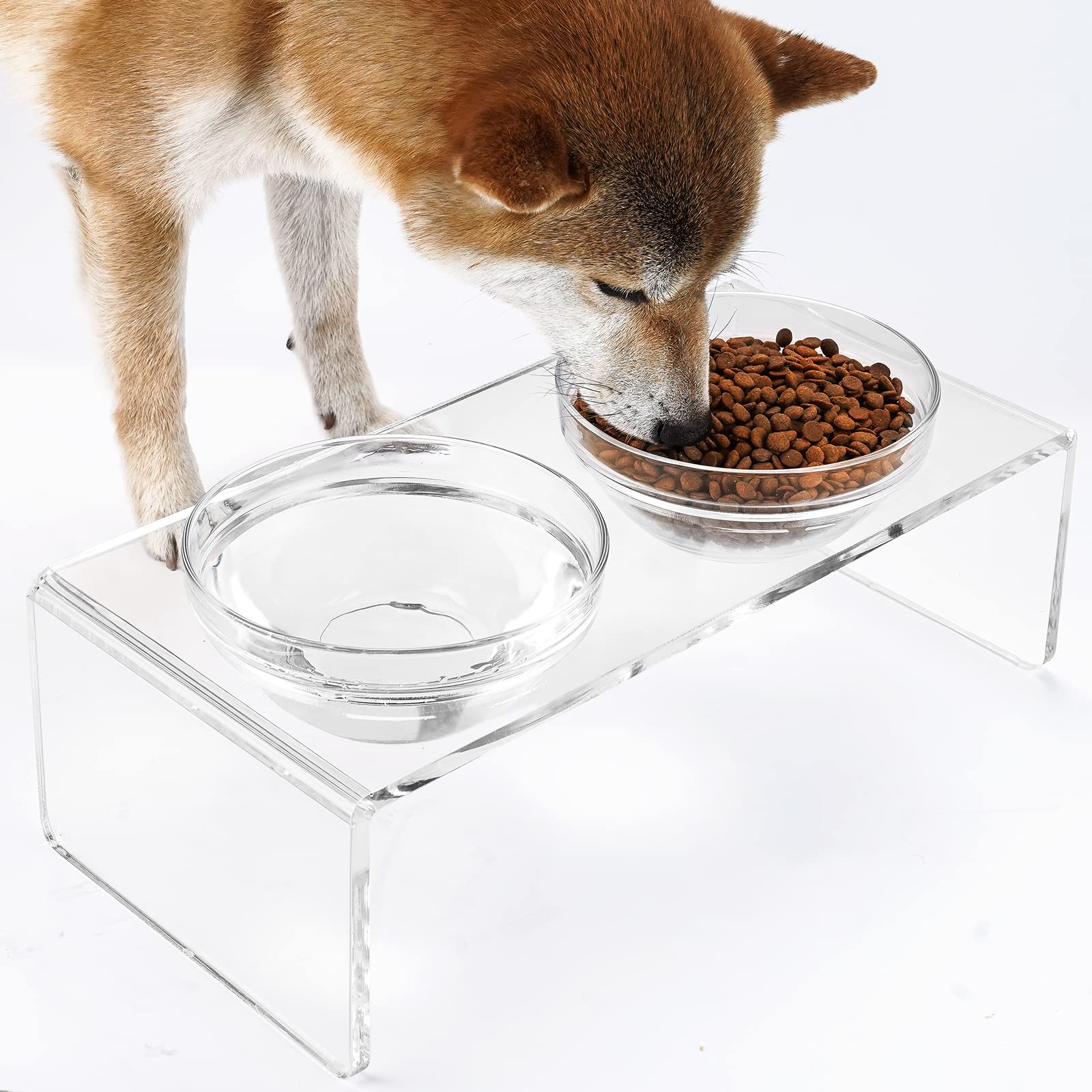 Feoyoho Acrylic Elevated Dog Cat Bowls - Double Bowl Feeder with 2 Glass & 2 Stainless Steel Bowls, Medium 5.5" Height, Clear