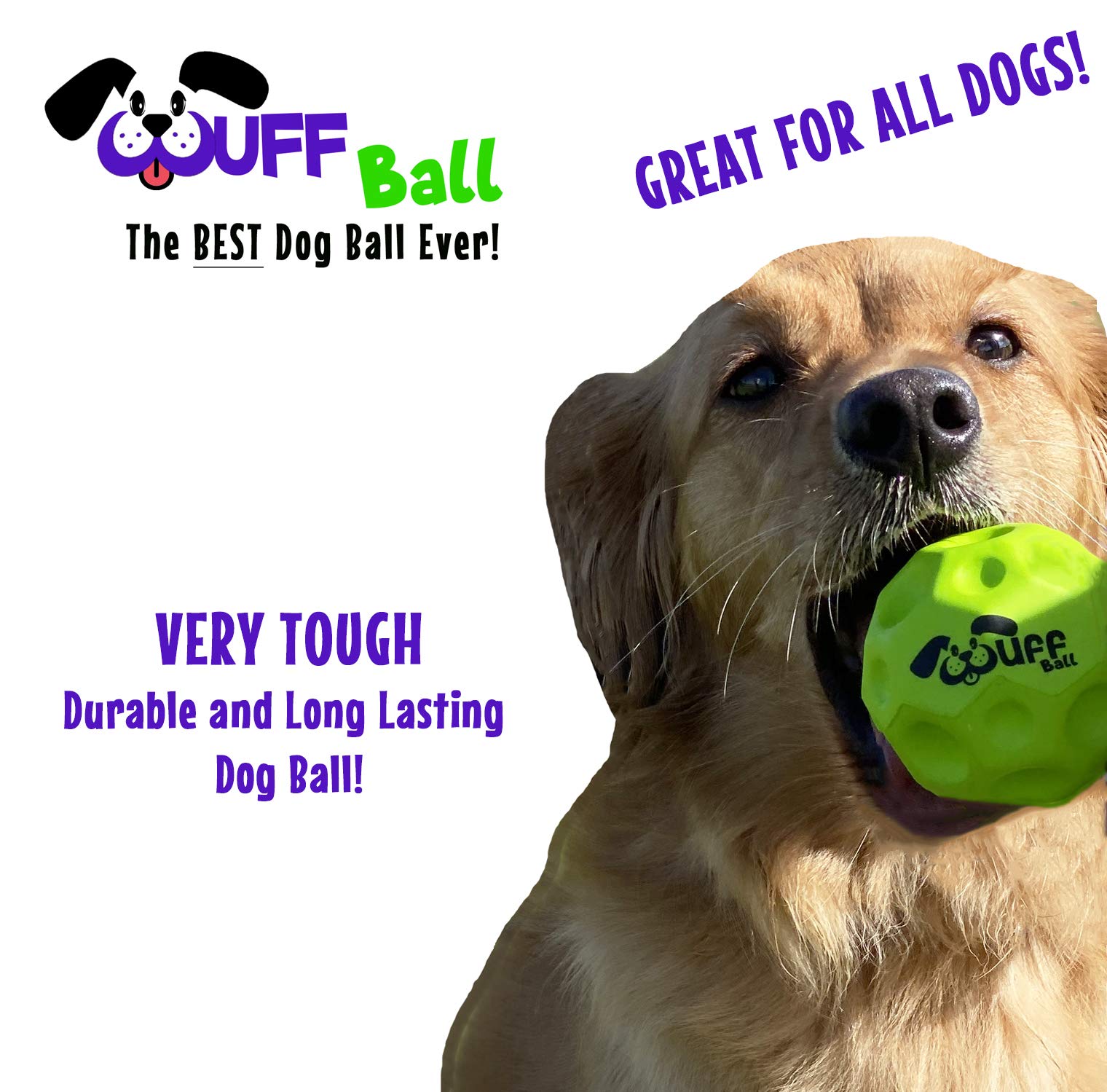Wuff Ball - The Best Dog Ball Ever! Fun Durable Ultra Bouncy Green Fetch Dog Toy, Fits Ball Launcher