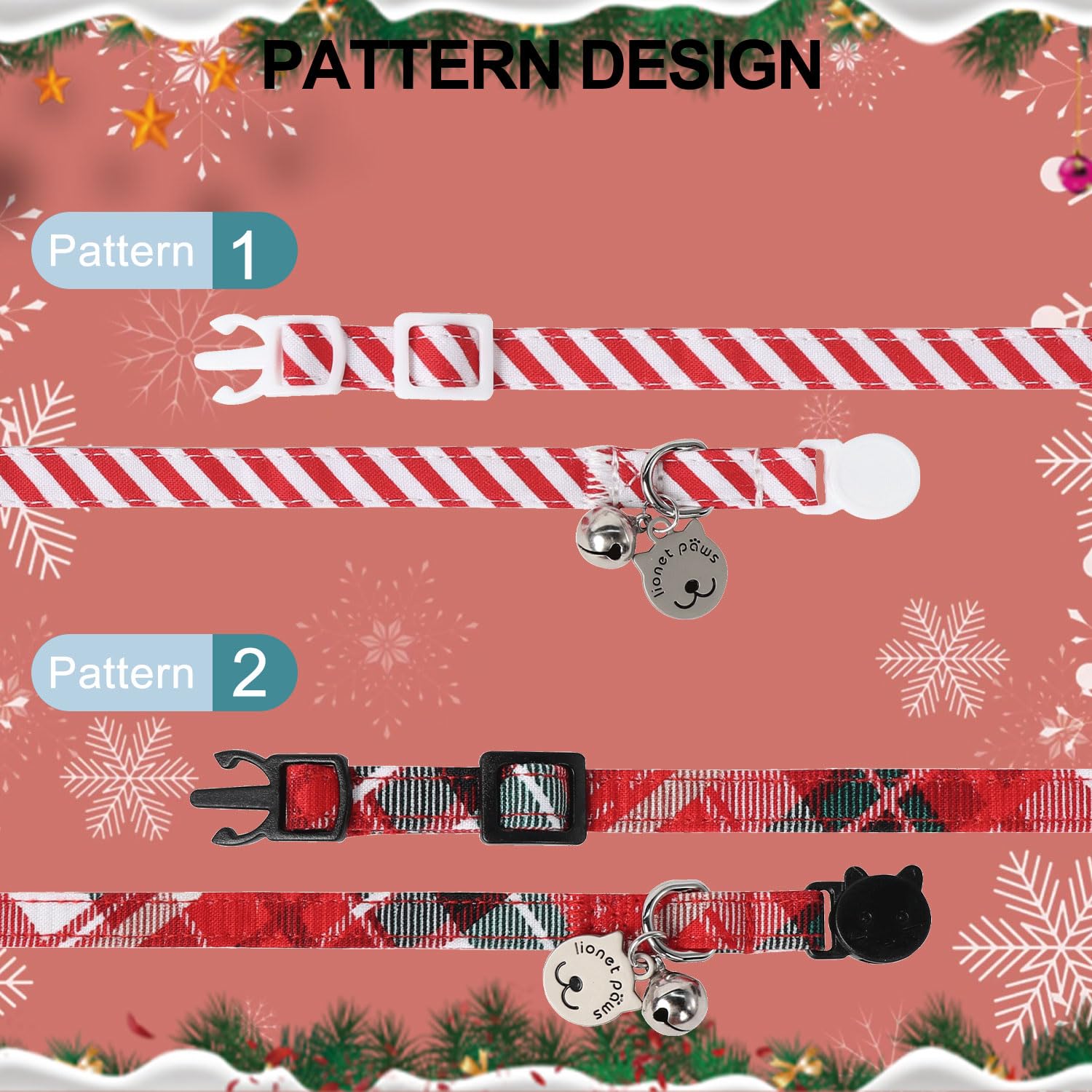 Lionet Paws 2Pcs Pack Cotton Cat Collar,Breakaway Buckle With Christmas Red Whtie Stripe Cute Adjustable Cat Kitten Collar,Ideal