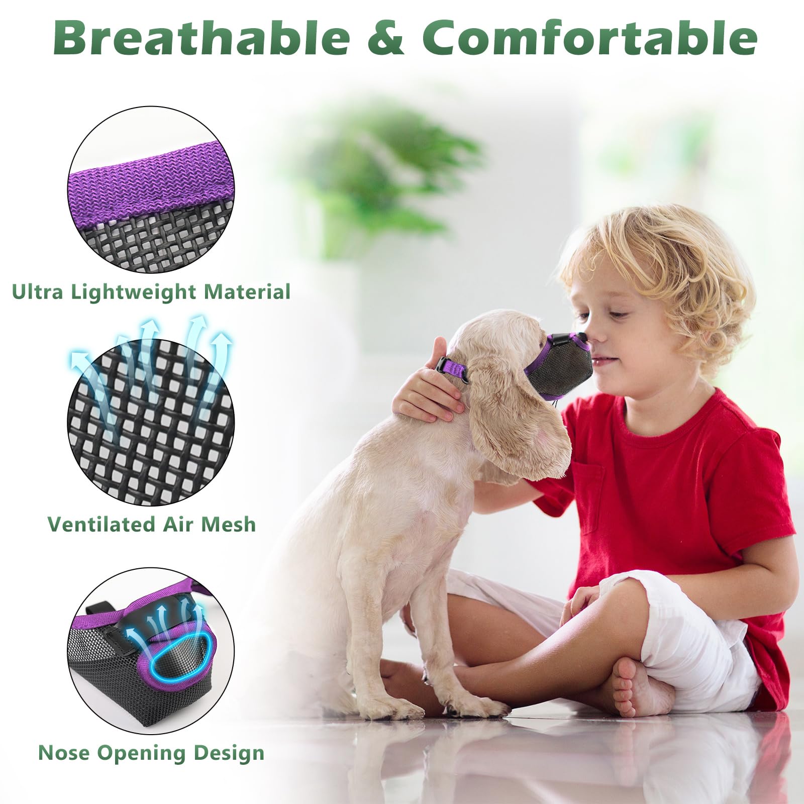 Purple Soft Dog Muzzle - Breathable Air Mesh, Allows Panting & Drinking - Adjustable Strap For Small To Large Dogs
