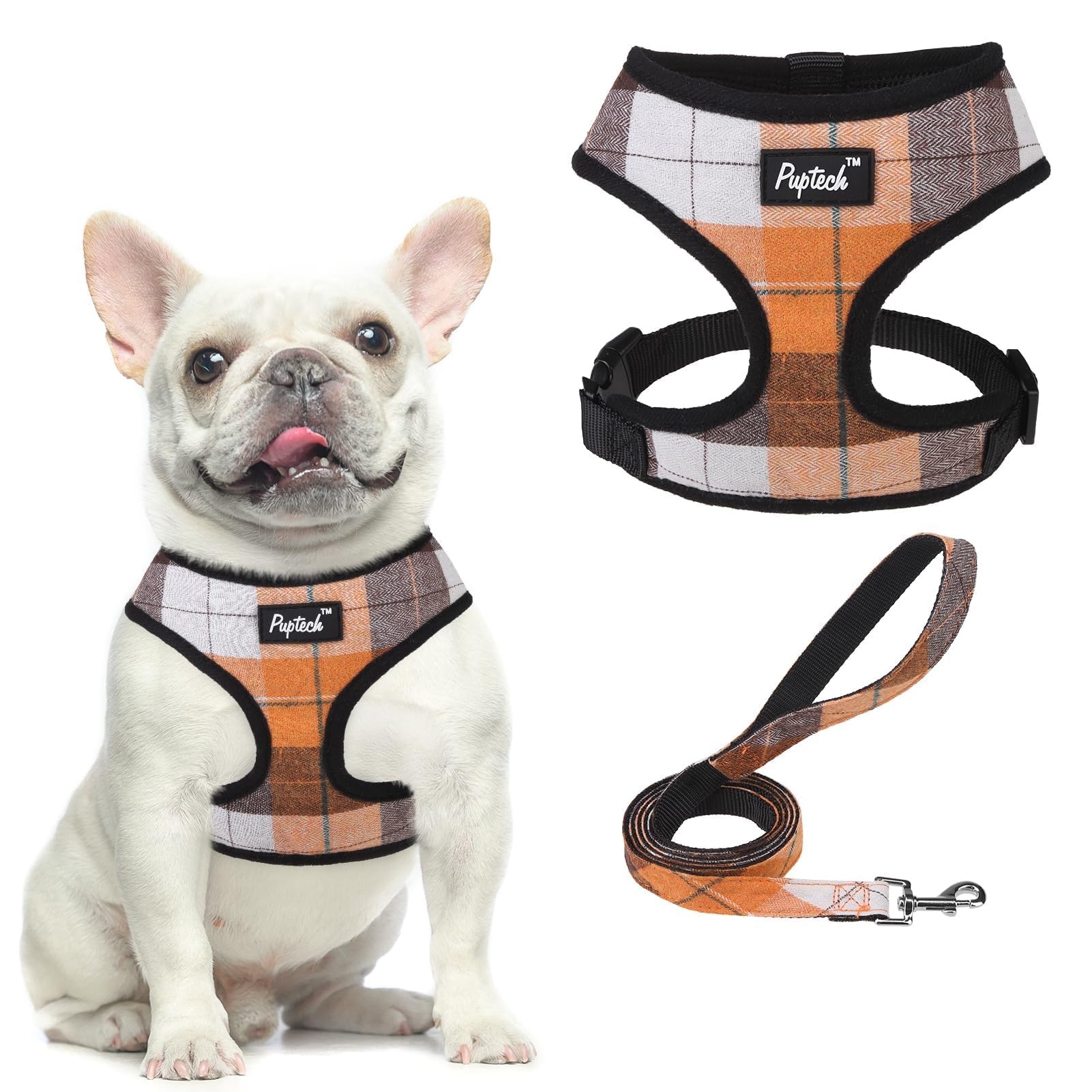 Pupteck Soft Mesh Dog Harness And Leash Set Pet Puppy Cat Comfort Padded Vest No Pull Harnesses, Orange, L