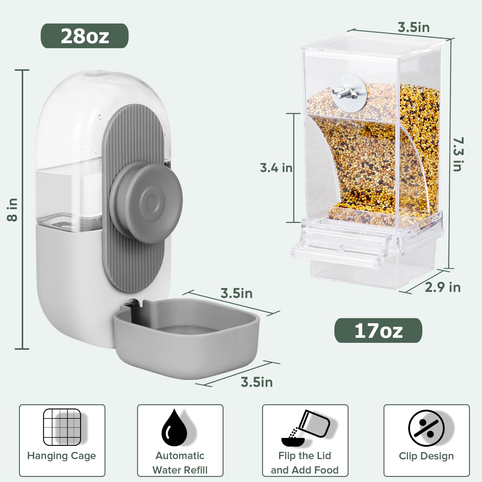 Lemtrflo No Mess Bird Feeder & Water Dispenser Set - Automatic Feeding & Hydration, Parakeet Cage Accessories for Parrots, Cocka