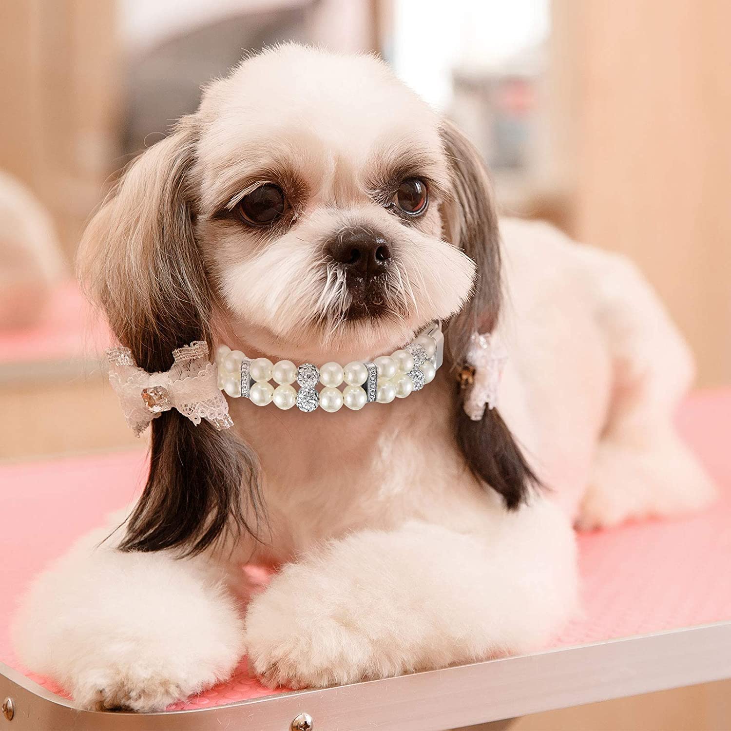 Pink Pearl Dog Collars For Small Dogs, Pearl Cat Collar Pu Leather, Female Dogs Necklace With Crystal Rhinestone Jewlled For Puppy Kitten Xs Small Medium Dogs Wedding & Birthday Gift, S