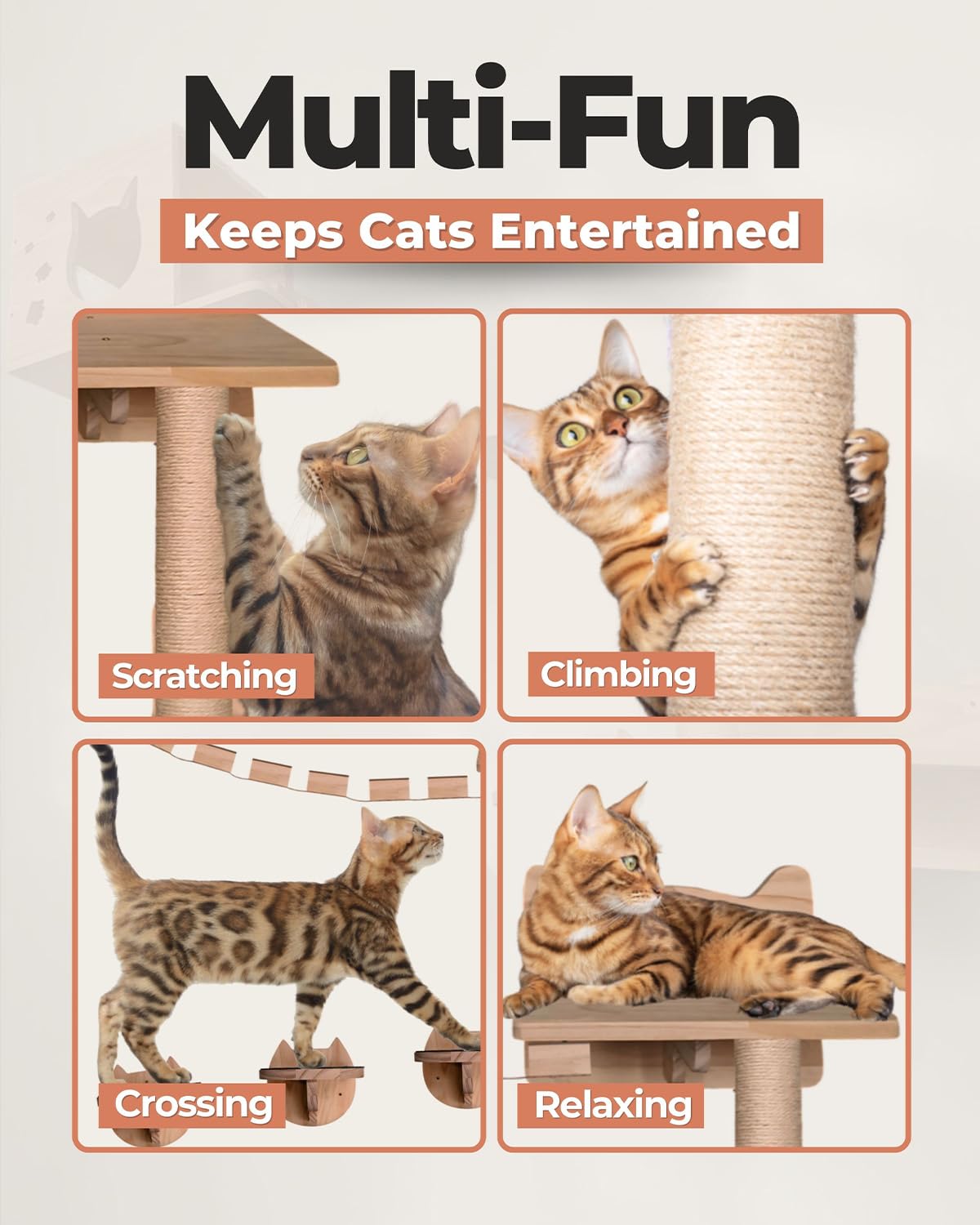 Vantix Plus Cat Wall Shelves | Pine Wooden Wall Mounted Cat Furniture, Set Of 8, Cute Perch, Shelves, Scratching Posts, Steps An