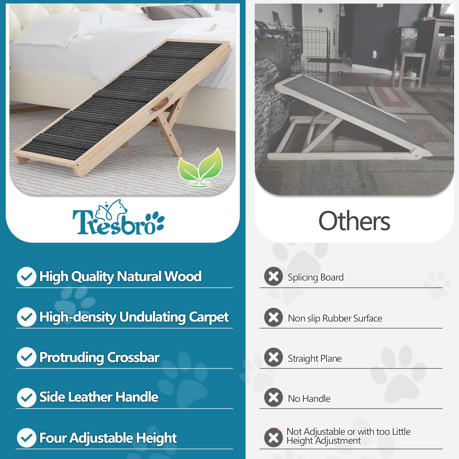 Tresbro Dog Ramp for Bed, 4-Level Adjustable 14.56''-24'', Anti-Slip, Wood, Supports 120LBS for Small to Large Dogs