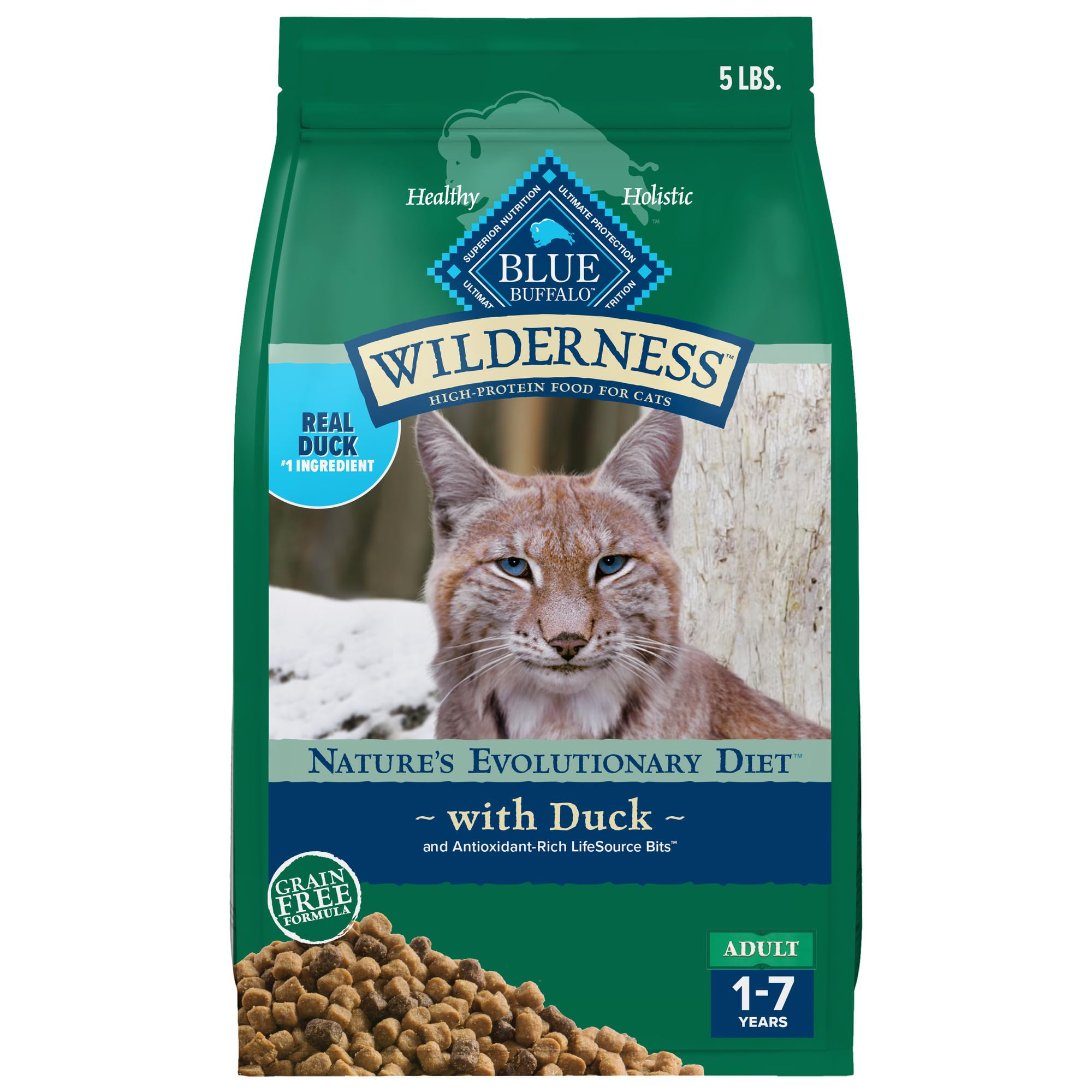 Blue Buffalo Wilderness Natures Evolutionary Diet High-Protein, Grain-Free Natural Dry Food for Adult Cats, Duck, 5-lb. Bag