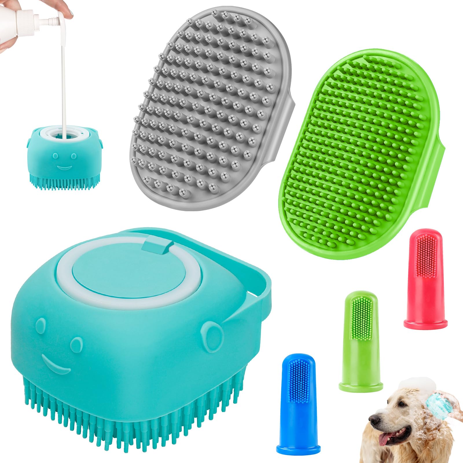 Comotech 6PCS Dog Bath Brush & Dog Toothbrush | Adjustable Handle Shampoo Brush & Scrubber for Short & Long Haired Dogs & Cats |