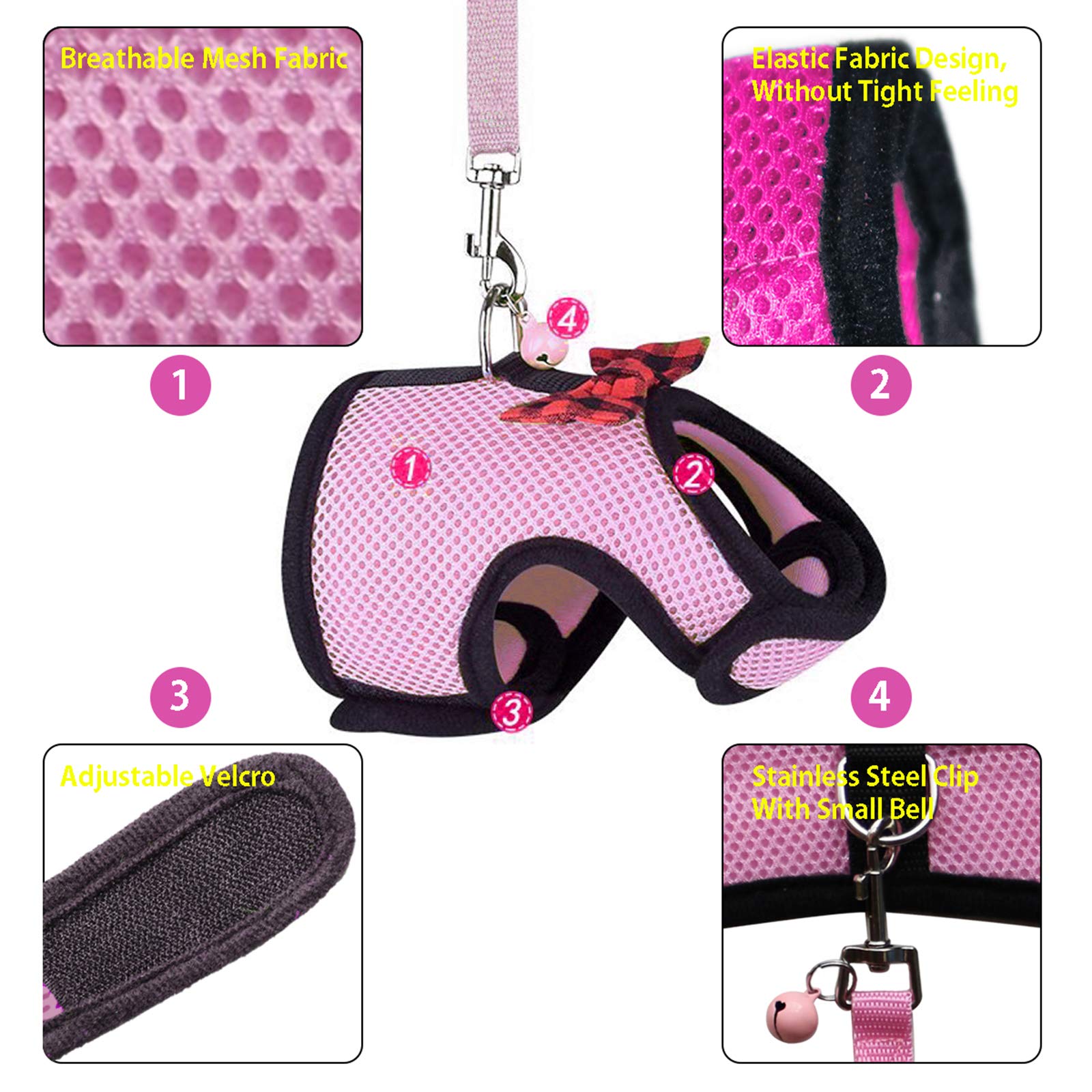Rypet Animal Harness And Leash - Soft Mesh Pet Harness With Safe Bell, No Pull Comfort Padded Vest For Small Pet Pink M