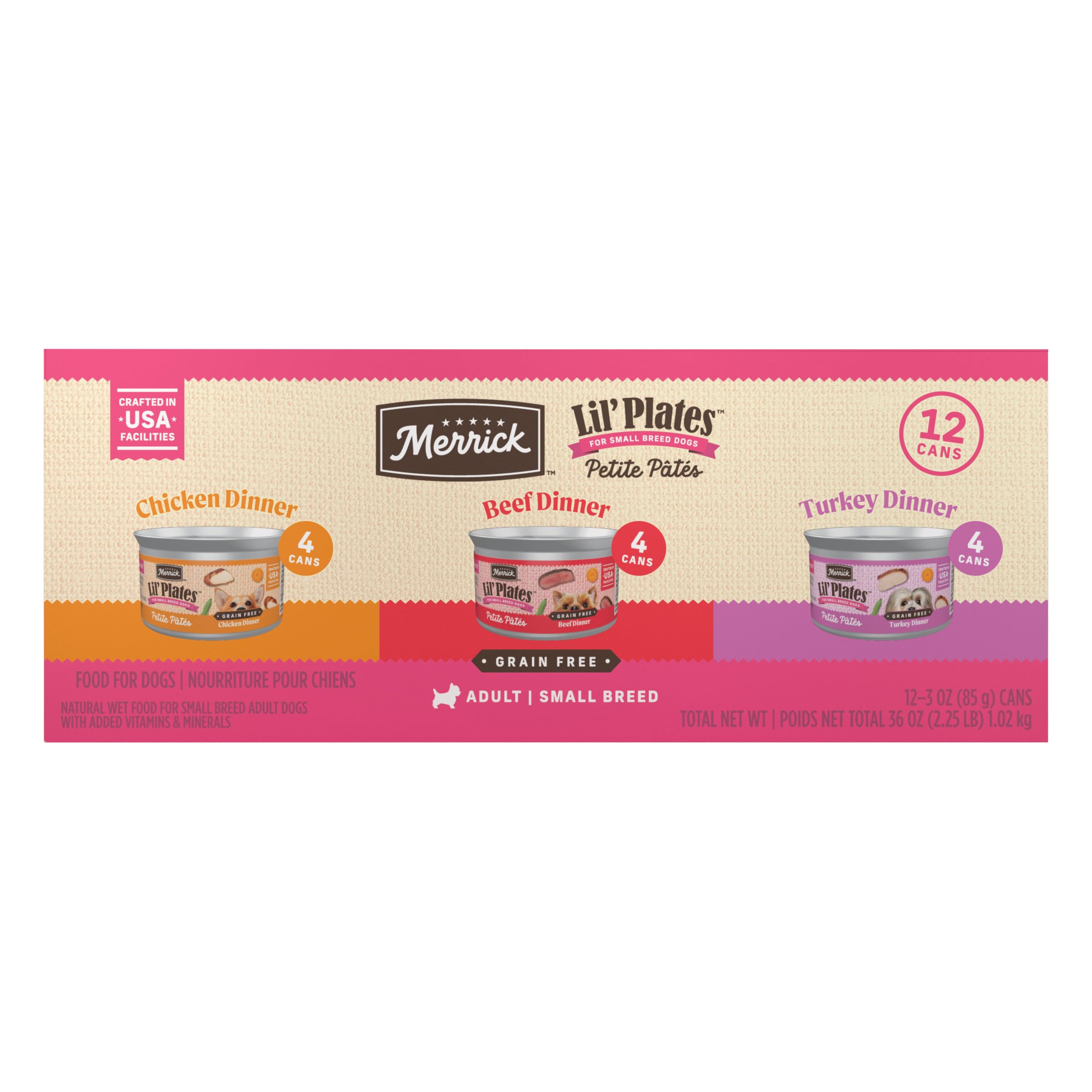 Merrick Lil Plates Petite Pates Premium Grain Free Wet Dog Food Variety Pack, Natural Beef, Chicken, Turkey - (Pack of 12) 3 oz.