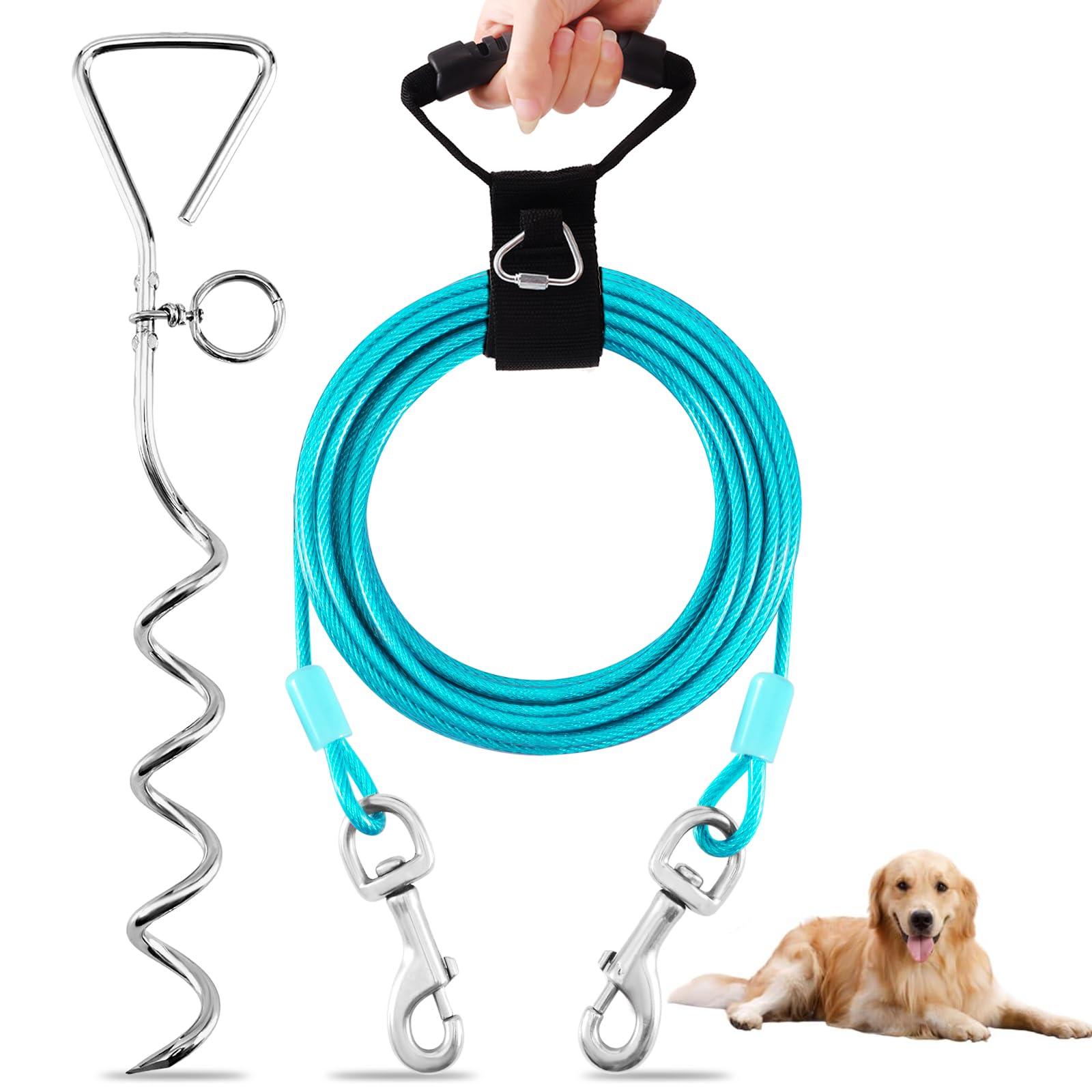 Dog Tie Out Cable And Stake,30Ft Outside Dog Run Cable Leash&Chain With Hand Strap For Camping And Yard, 16'' Heavy Duty Anti Ru