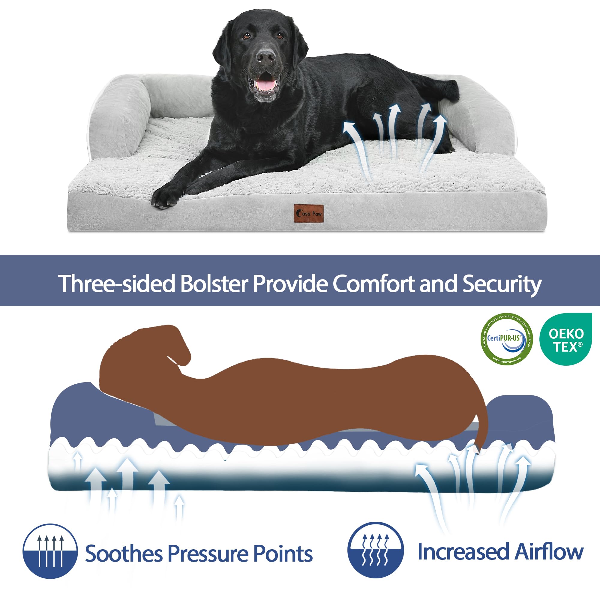 Casa Paw Orthopedic Dog Bed - X-Large Waterproof Memory Foam with Bolster, Grey White, 45"L x 35"W x 8"Th, Removable Washable Cover