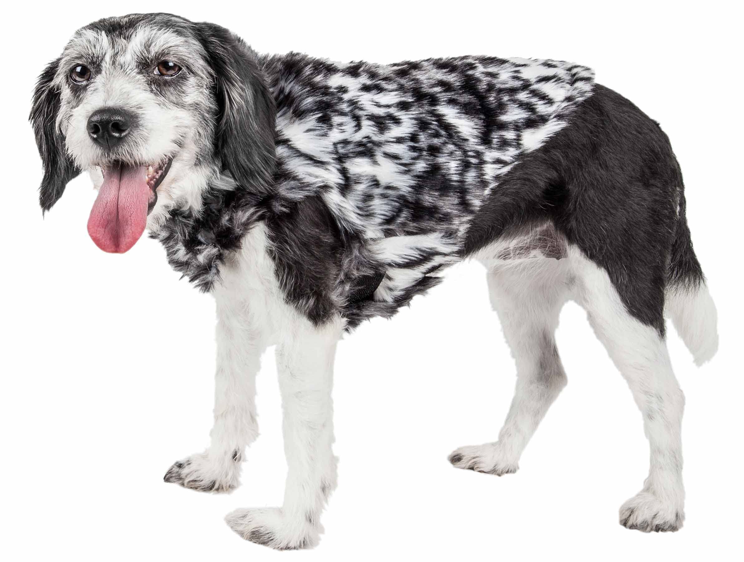 Pet Life ® Luxe 'Paw Dropping' Gray-Scale Tiger Patterned Mink Fur Dog Coat - Dog Jacket with Easy Hook-and-Loop Belly enclosures - Winter Dog Coat for Small Medium Large Dog Clothes
