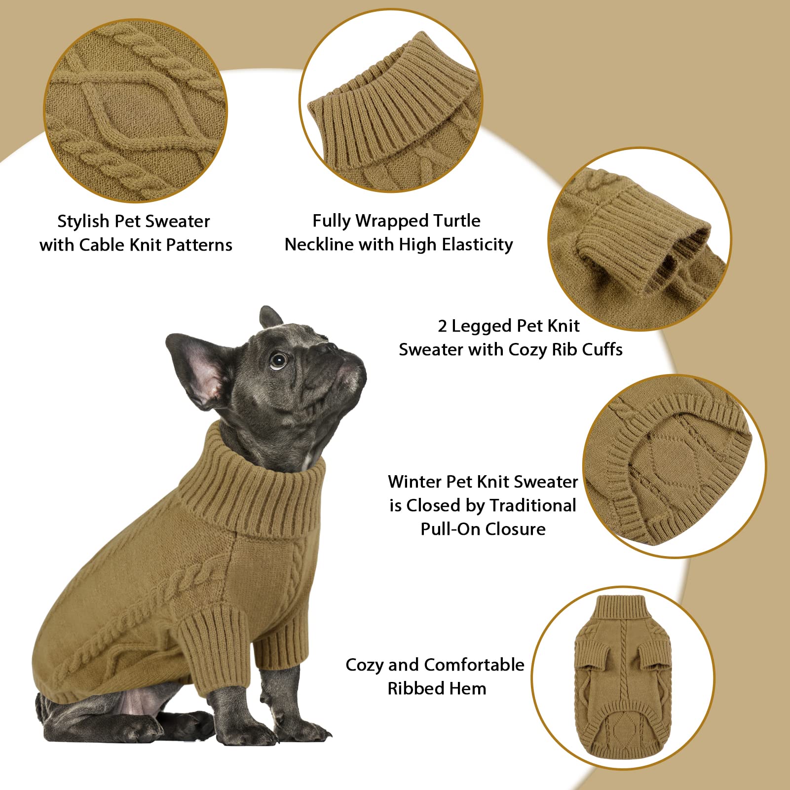 Queenmore Small Dog Pullover Sweater, Cold Weather Cable Knitwear, Classic Turtleneck Thick Warm Clothes For Chihuahua, Bulldog, Dachshund, Pug (Light Brown, X-Large)