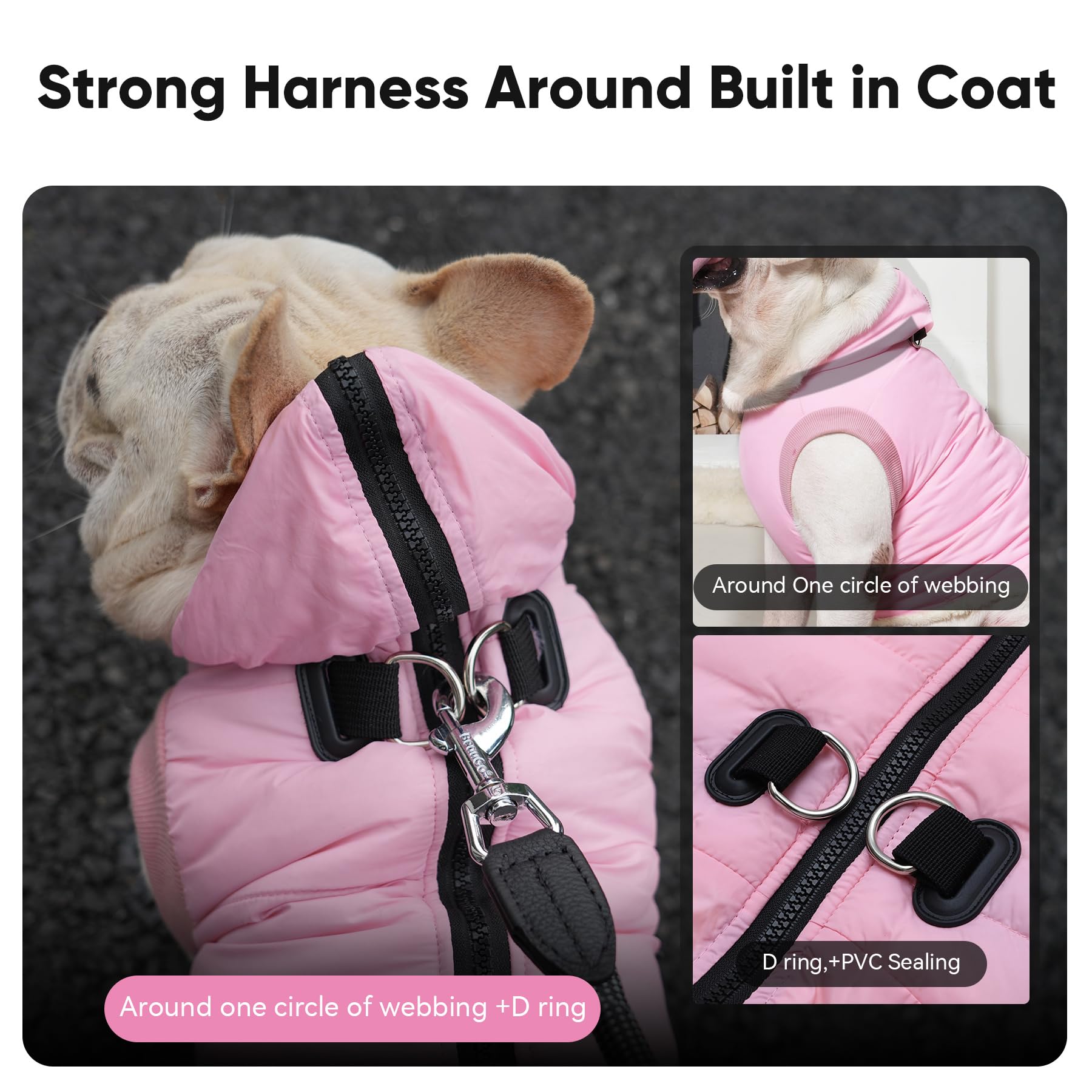 Vecomfy Fleece Lining Dog Hoodie With Harness Built In,Extra Warm Medium Dog Jacket In Winter Doggie Coats With Hooded,Light Pink L