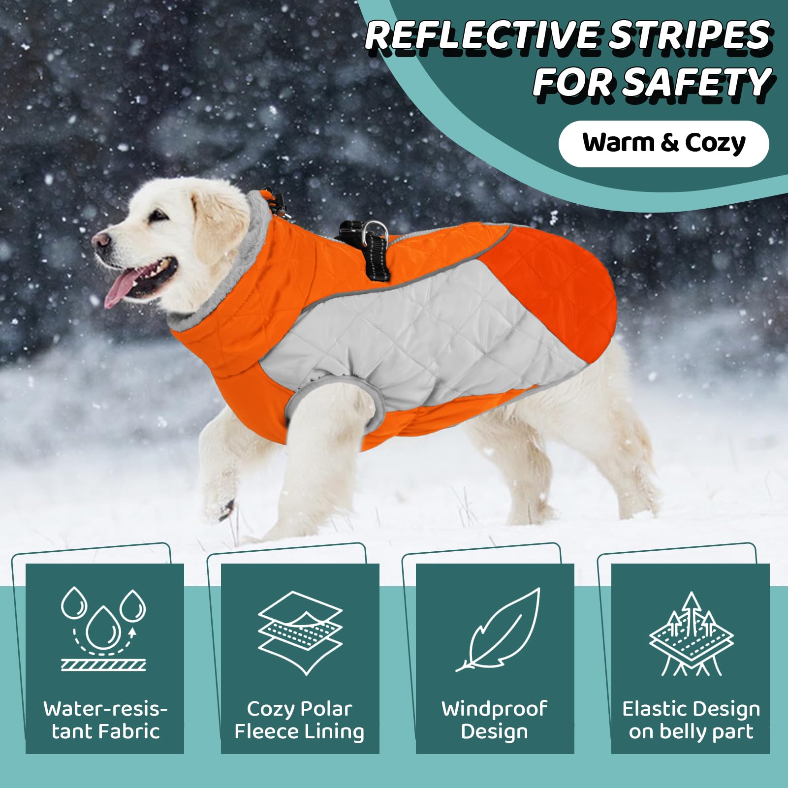 AOFITEE Dog Coat - Waterproof Winter Jacket with Harness, Fleece Lined, Orange, X-Large, Model 1207-AF-12180-Orange-XL