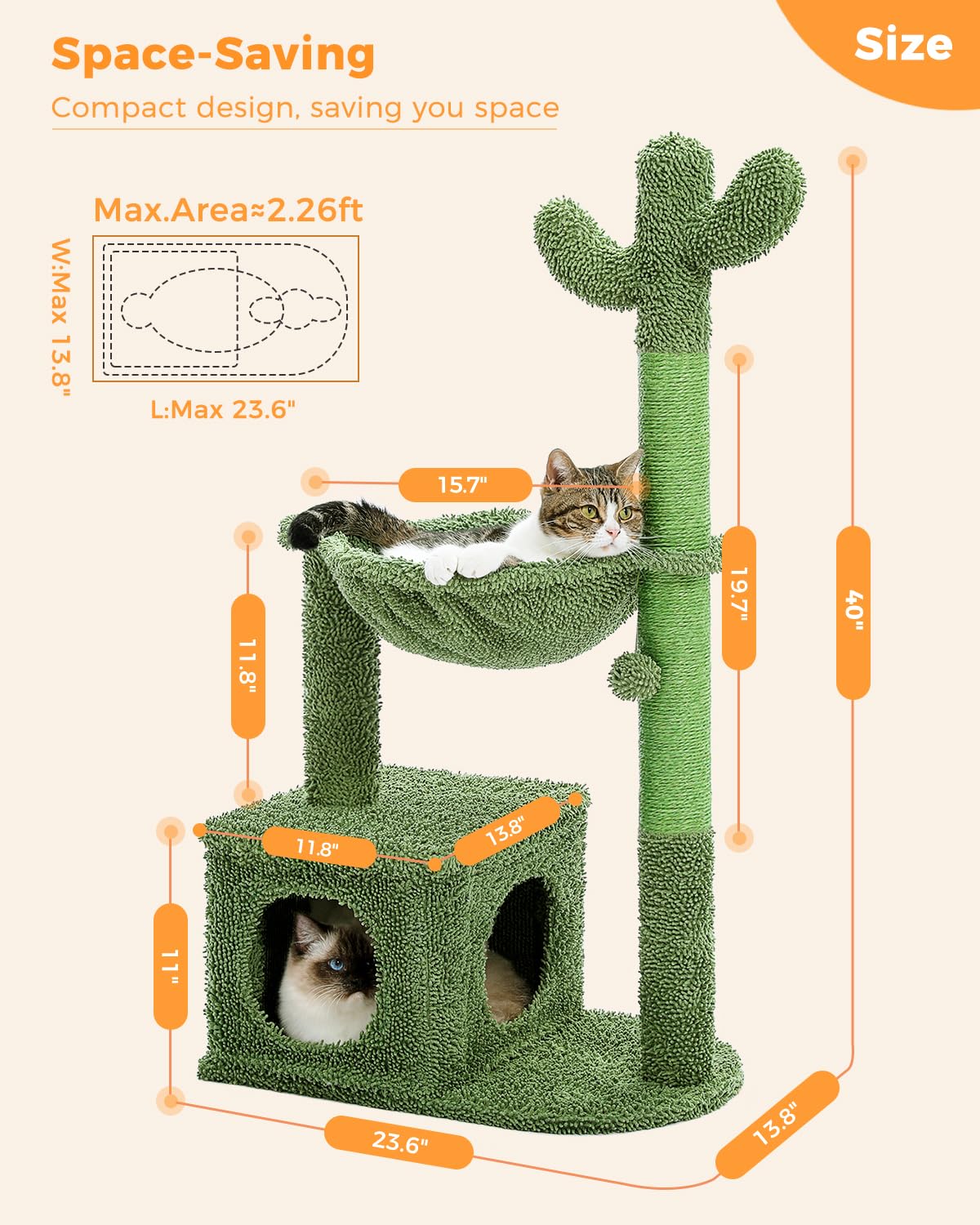 Muttros Cactus Cat Tree 40' Cat Tower With Large Metal Carpet Hammock, Cat Scratching Post For Indoor Cats With Condo& Dangling Ball, Green