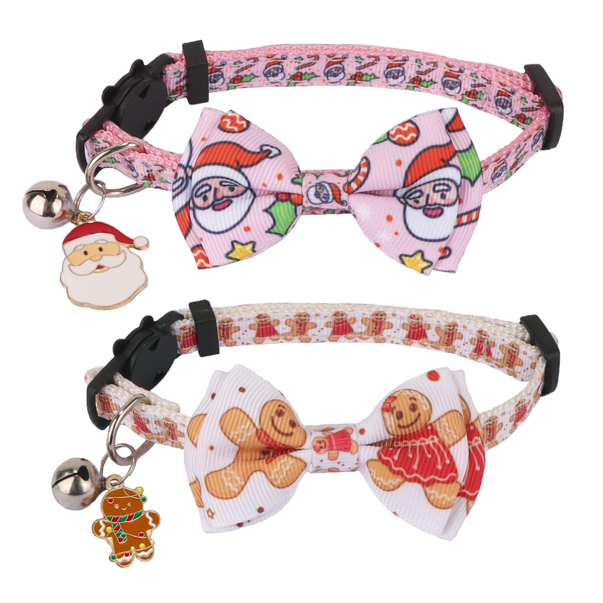 Adoggygo Pink Christmas Cat Collar With Removable Bowtie Bell, 2 Pack Pink Santa Gingerbread Man Christmas Collars For Female Ca