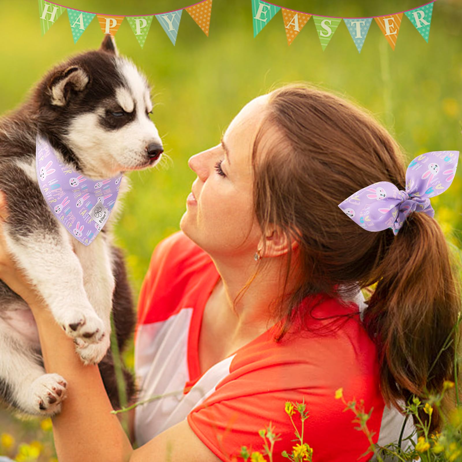E-Clover Easter Dog Bandana & Matching Scrunchie-Bunny Dog Bandanas Pet Scarf Bib For Samll Dogs Puppy Girl Boy Owner Gift Purpl