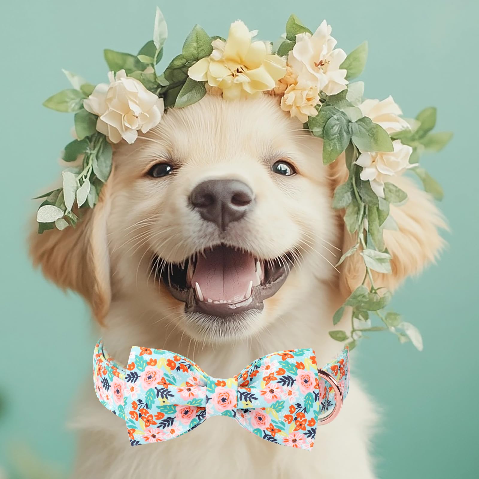 Babole Pet Floral Dog Collar With Bow Tie - Adjustable Light Blue Flower Bowtie Collar Breathable Comfort Spring-Summer Dog Coll