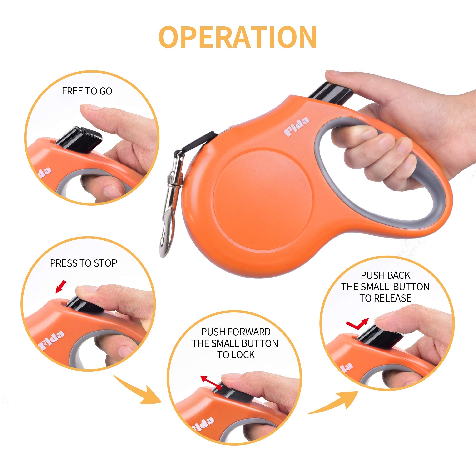 Fida Retractable Dog Leash, 16 Ft Dog Walking Leash For Medium Dogs Up To 44Lbs, Tangle Free, Orange