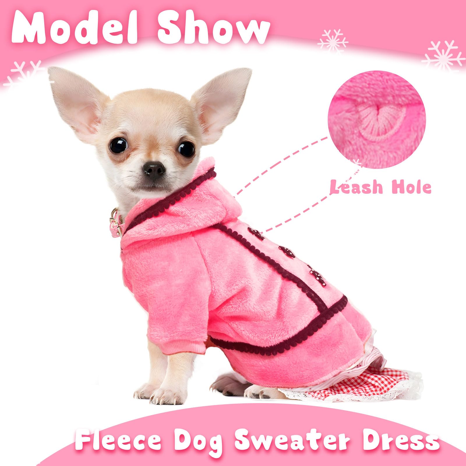 Winter Fleece Sweater Dress For Small Dogs - Warm Puppy Outfit With Leash Hole, Cute Pink Clothes, Bowtie, Chihuahua Pet Hoodie