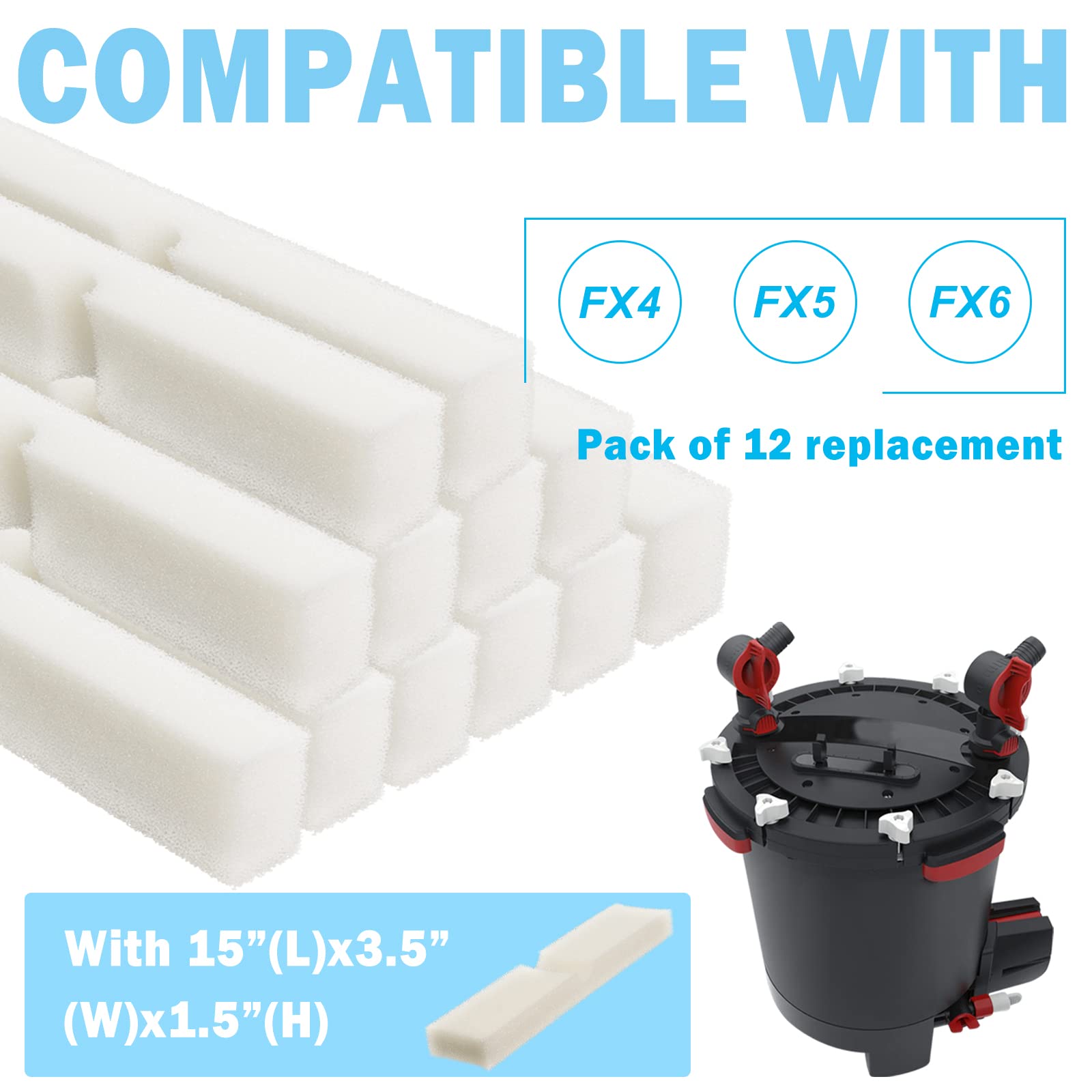 Podoy Fx4 Foam Filter Pads - Replacement for Fluval FX5/FX6, 12 Packs, White Sponge Foam
