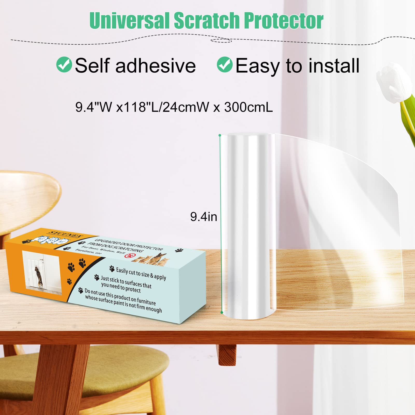 Enhanced Door Protector: Thick Clear Heavy-Duty Anti-Scratch Guard - Flexible Pet Scratch Shield For Doors, Furniture, Windows, And Walls, Easy To Install And Clean (9.4' W X 118' L)
