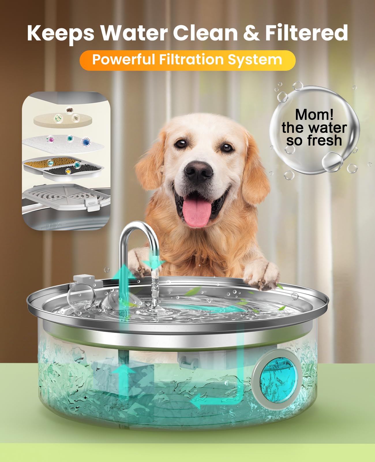 oneisall Dog Water Fountain, 7L Stainless Steel, Quiet Design with Visual Water Level & Triple Filtration for All Breeds