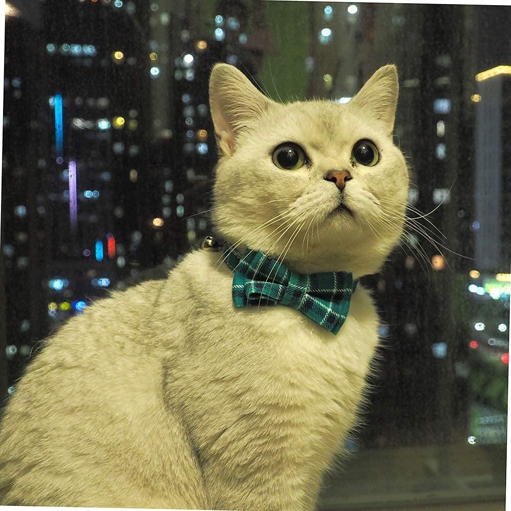 Cat Collar Breakaway with Bell and Bow Tie, Plaid Design Adjustable Safety Kitty Kitten Collars(6.8-10.8in) (Cyan-Blue)