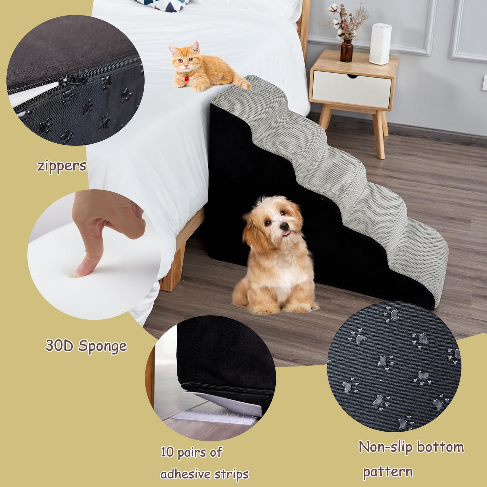 24 Inch Dog Stairs - 5 Steps For High Beds 24-28'' High, Non Slip Foam Ramp For Small Dogs/Cats & Older Pets