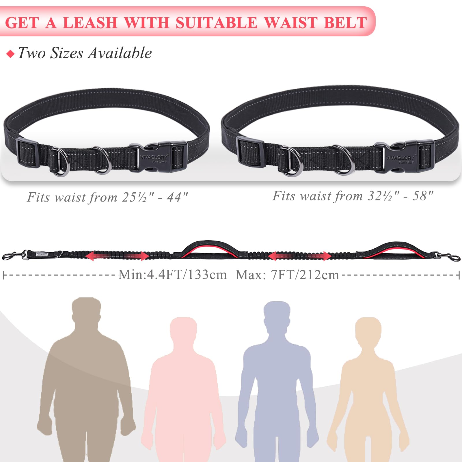 Vivaglory Hands Free Dog Leash With Dual Advanced Anti-Shock Bungees And Padded Handles, Reflective Waist Running Leash With Adj