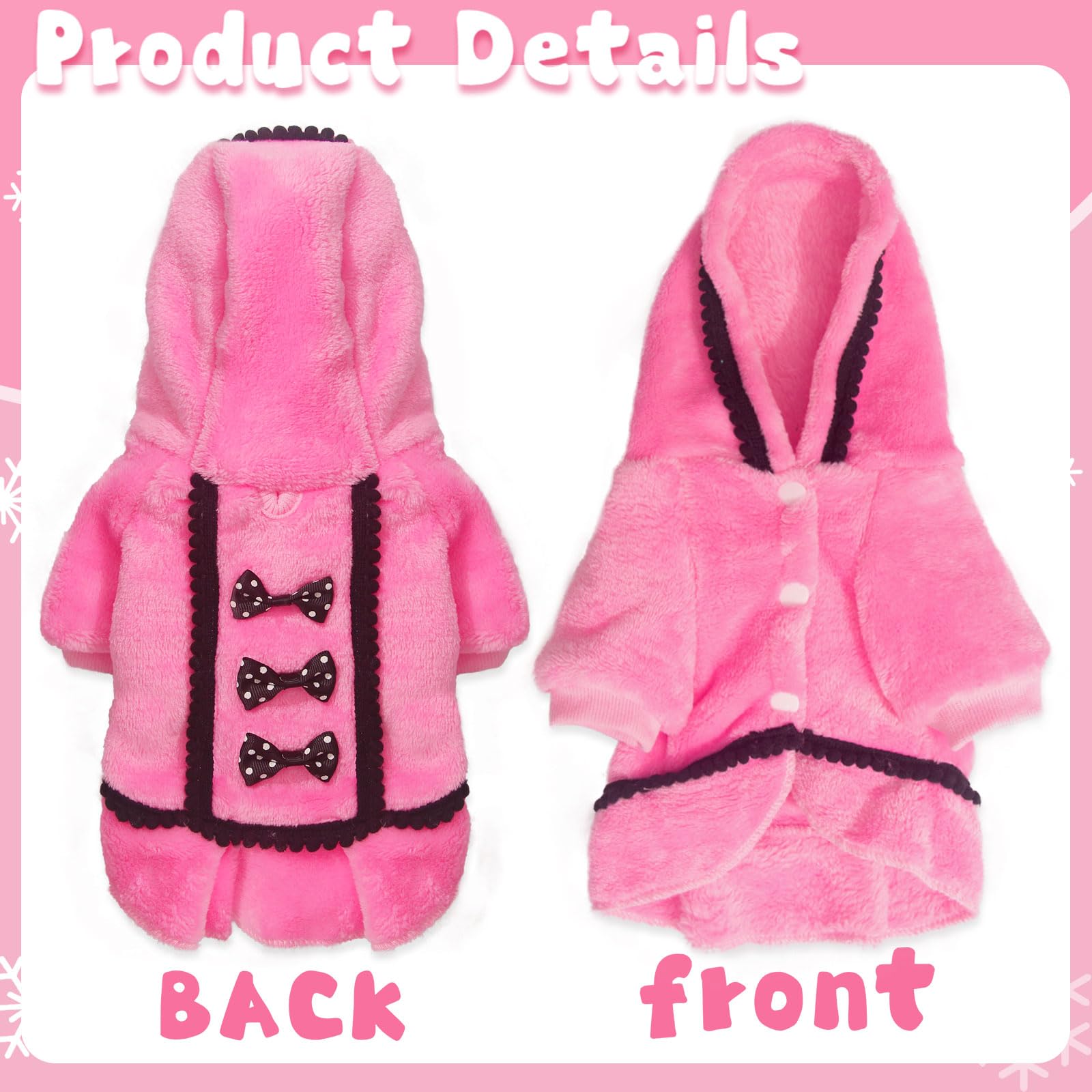Winter Fleece Sweater Dress For Small Dogs - Warm Puppy Outfit With Leash Hole, Cute Pink Clothes, Bowtie, Chihuahua Pet Hoodie