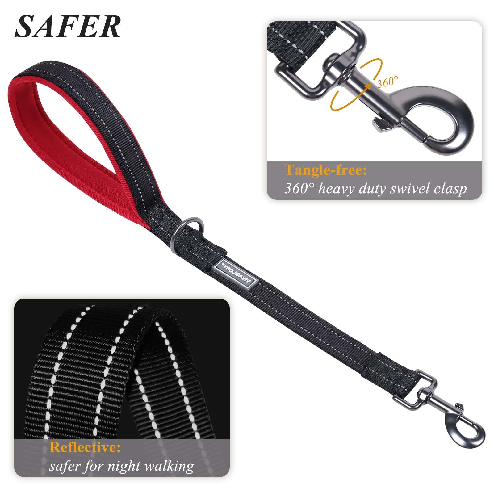 Vivaglory Short Dog Leash For Medium & Large Dogs, 18Inch, Black/Red